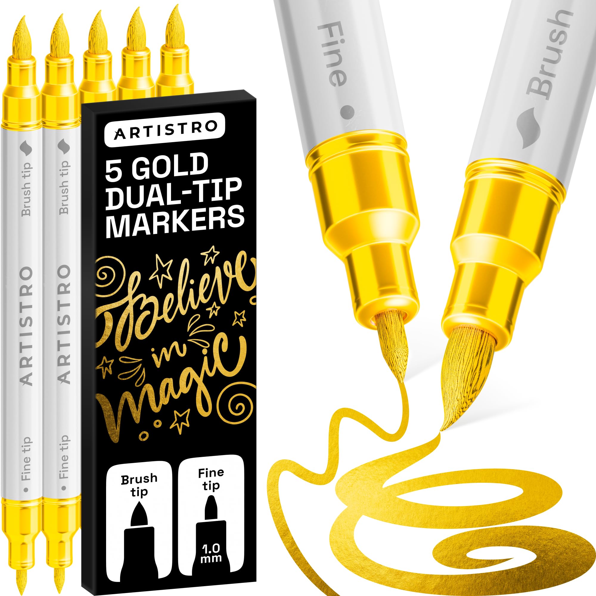 ARTISTRO 5 Gold Acrylic Paint Pens – Dual Tip (Brush & Fine) Markers for Fabric, Canvas, Rock, Glass, Wood – Calligraphy, Scrapbook Supplies DIY & Gift for Kids, Teens - Art Set