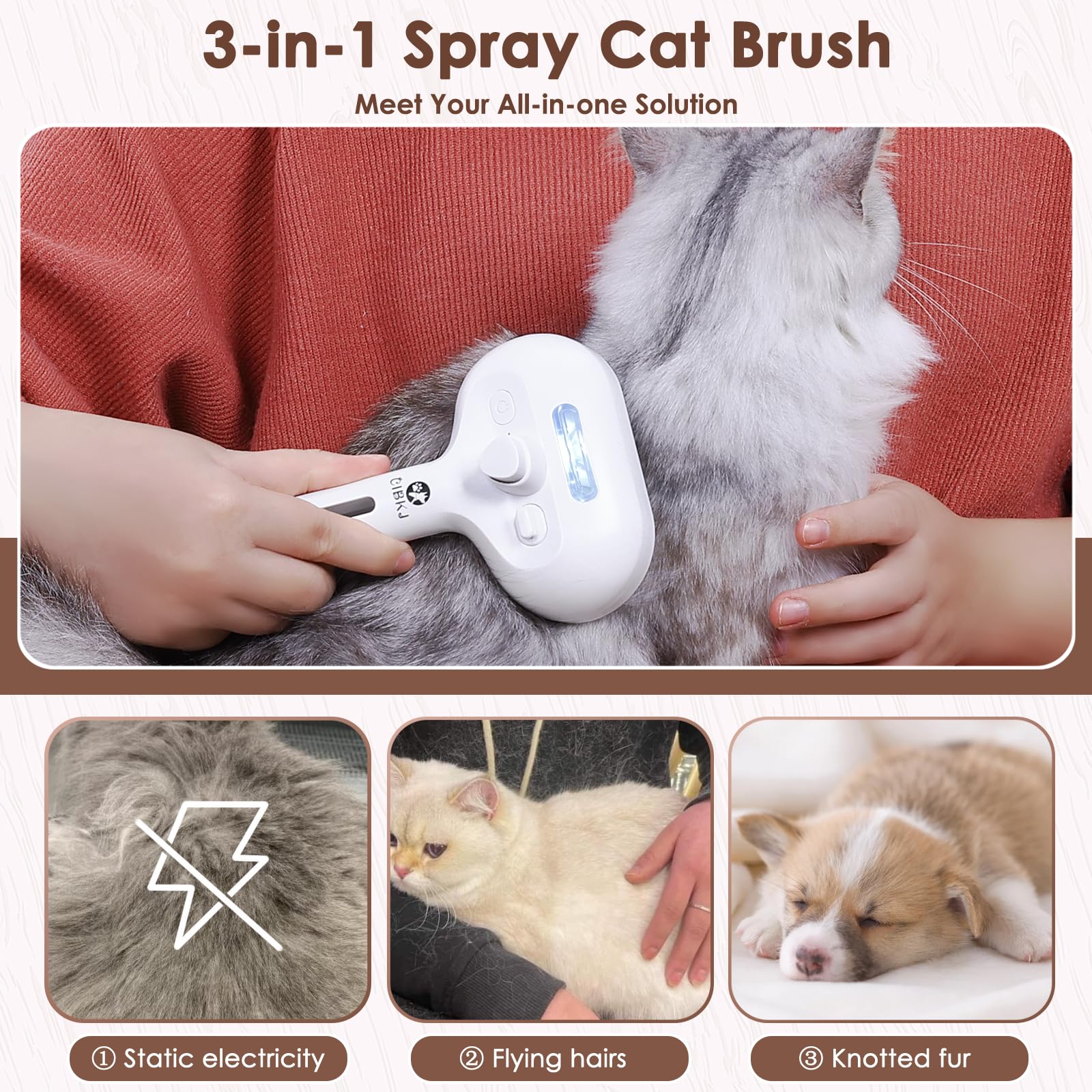 CIBJK - Cepillo de spray para gatos para desprendimiento, cepillo de vapor autolimpiante para masaje, cepillo de aseo para mascotas para pelo largo y corto, perros y gatos, elimina nudos y pelo suelto