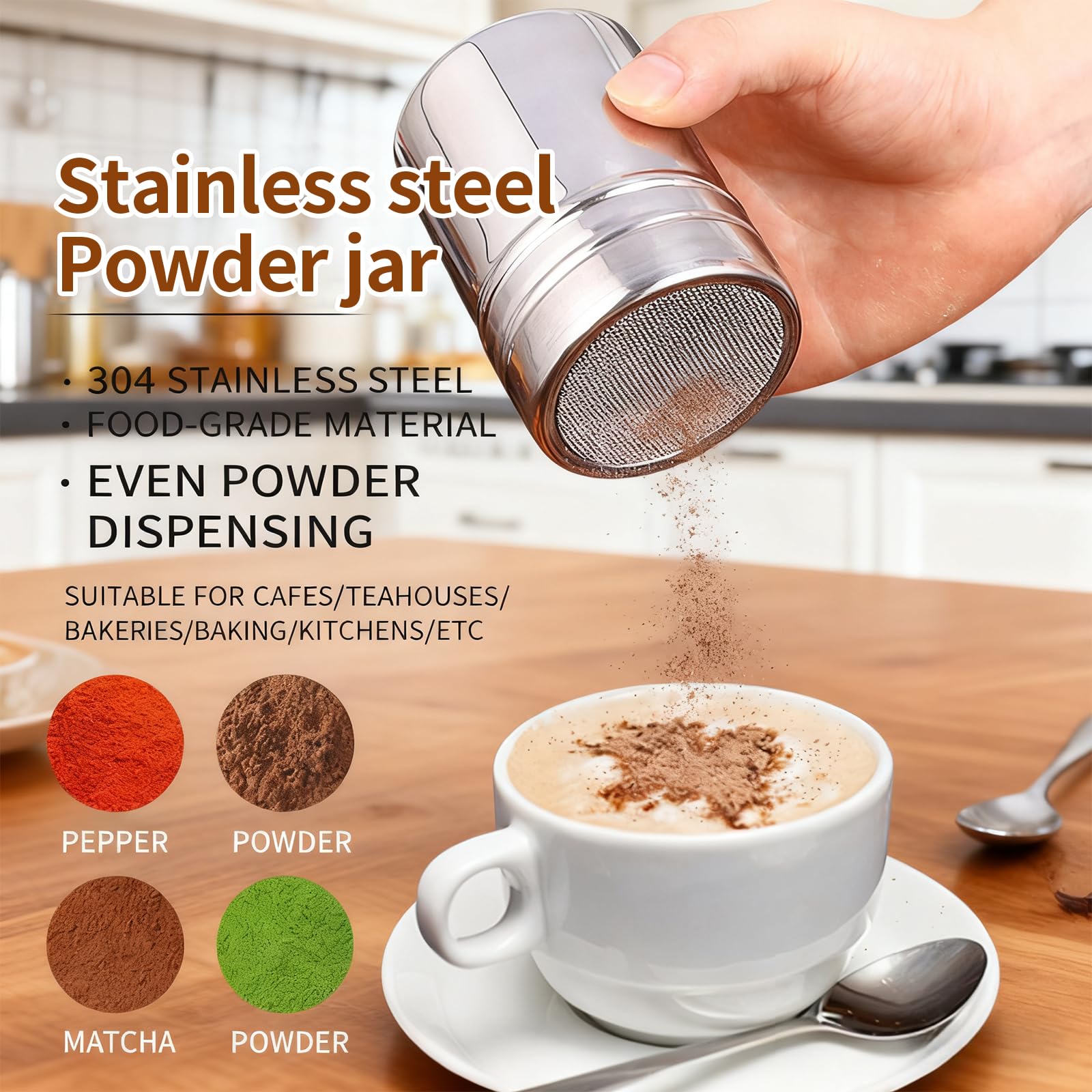 3 sztuki cukiernicy pudru, kakao do cappuccino 304 ze stali nierdzewnej 304, solniczka i mąka