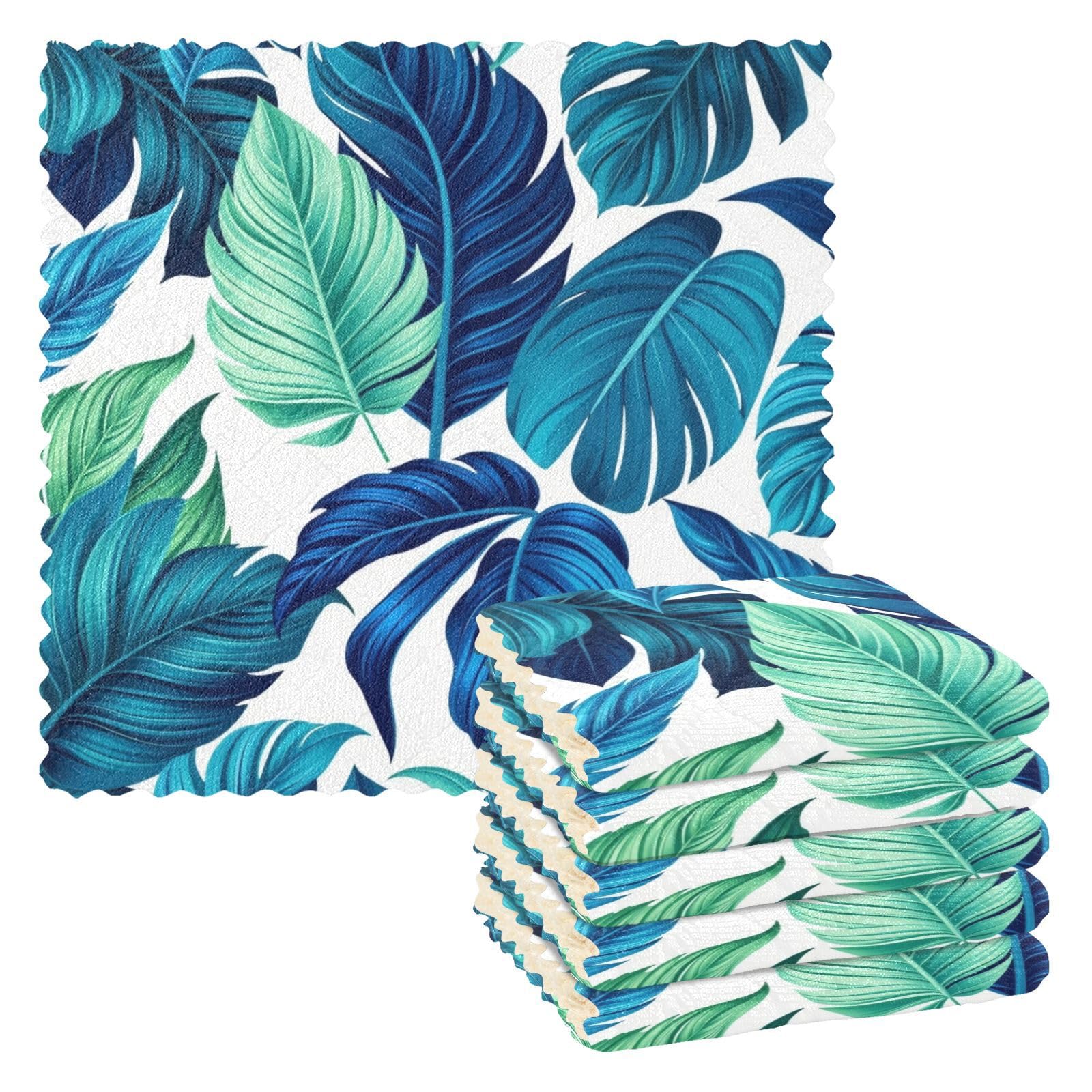 Kcldeci Turquoise Green Tropical Palm Leaves 6 Pack Dish Cloths for Washing Dishes Kitchen Dishcloth Microfiber Dish Towel Rags Absorbent Reusable