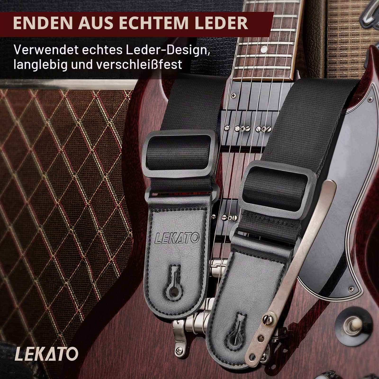 LEKATO Schwamm gepolsterter schwarzer Gitarrengurt mit echten Lederenden, verstellbare Schultergurte von 42" bis 58" für Bass und E-Gitarren, 6 Plektren und 2 Gurtschlössern enthalten