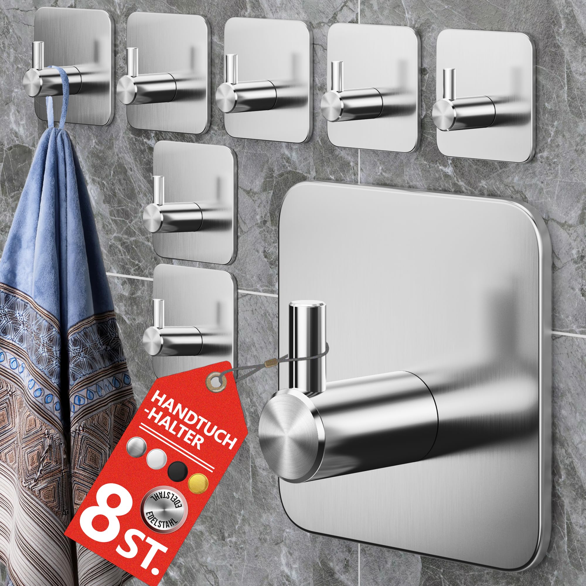 4smile Handtuchhalter ohne Bohren, 8er-Set in Silber - Edelstahl Badezimmer Handtuchhalter, Klebehaken mit guter Tragkraft - Haken selbstklebend, wasserfeste Haken als Handtuchhaken für Bad, Küche