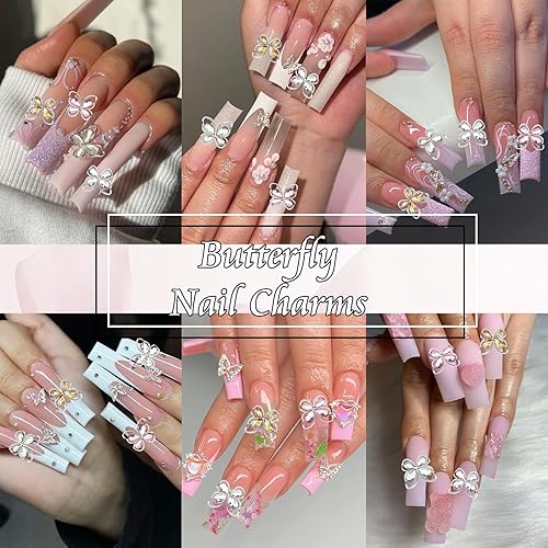 Miniatura 7 de Kit de dijes para arte de uñas con flores blancas acrílicas 3D, 20 piezas de dijes de mariposa de metal con formas mixtas, diamantes de imitación