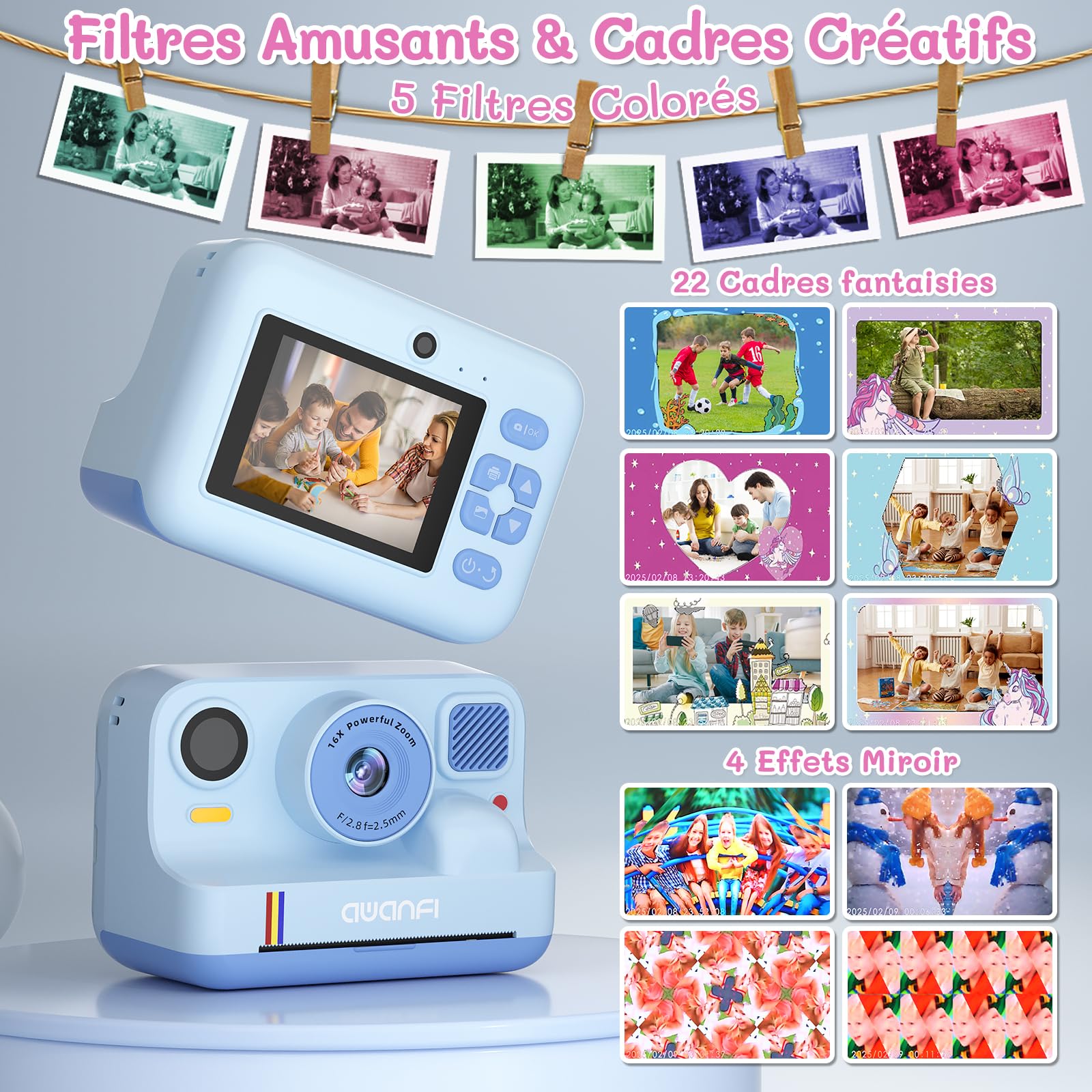 Appareil Photo Instantané Enfant Cadeau Jouet Fille Garçon 3-12 Ans, AWANFI Caméra Numérique Vidéo 1080P Carte 32GB avec 3 Rouleaux de Papier et Impression APP Bluetooth