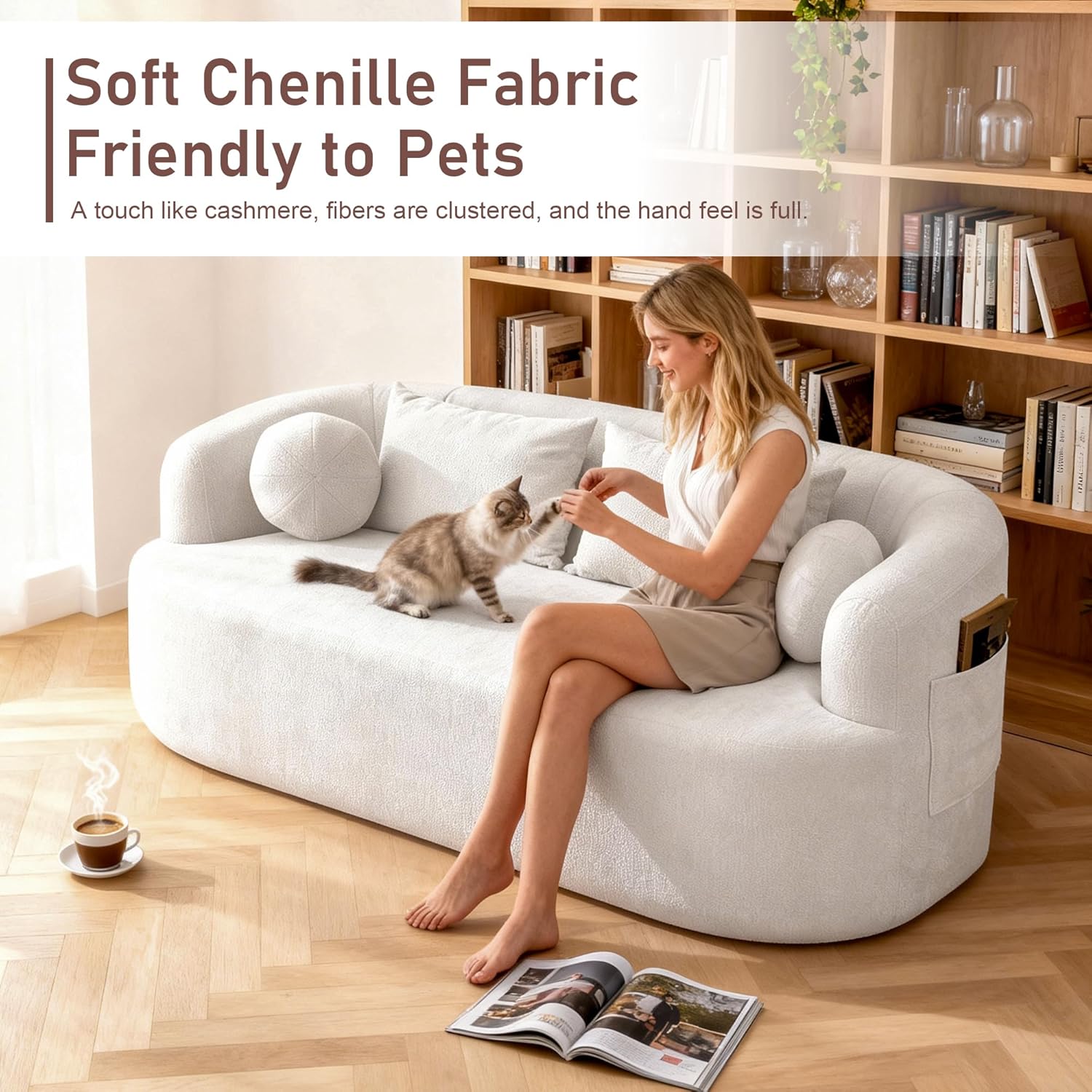 Loveseat Sofa, 67.3" Boneless Curved Sofa Filling with Foam and Spring, Chenille Small Love Seat for Small Spaces, 4 Pillows and Side Pocket, Living Room, Apartment, Bedroom, No Assembly