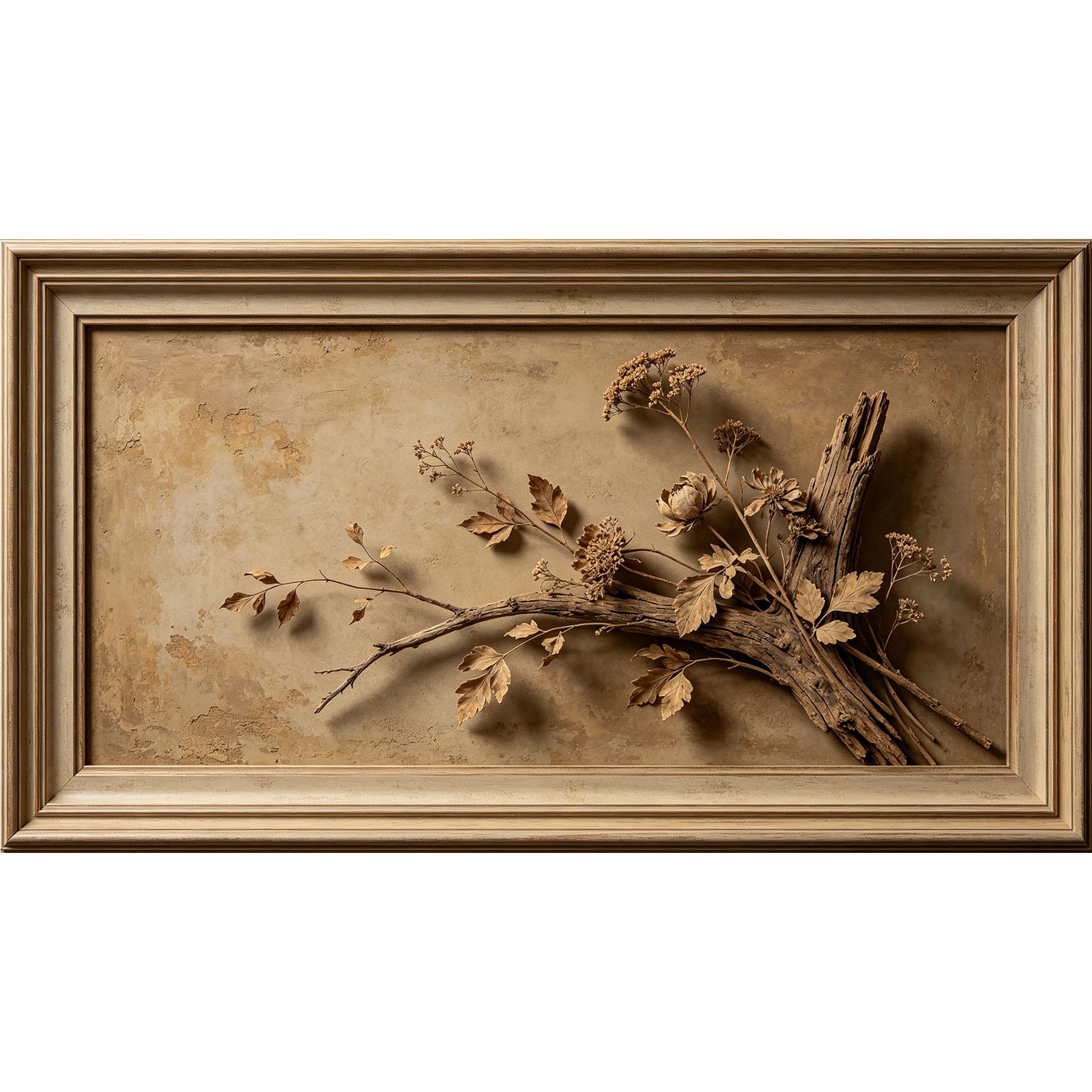 QZLITHOTIC 50x90cm3D Framed Wall Art， Botanical Rustic Wood Branch Floral Self‑Adhesive Mural， Water‑Activated Peel & Stick Fabric Decor Wall Decal for Bedroom Living Room