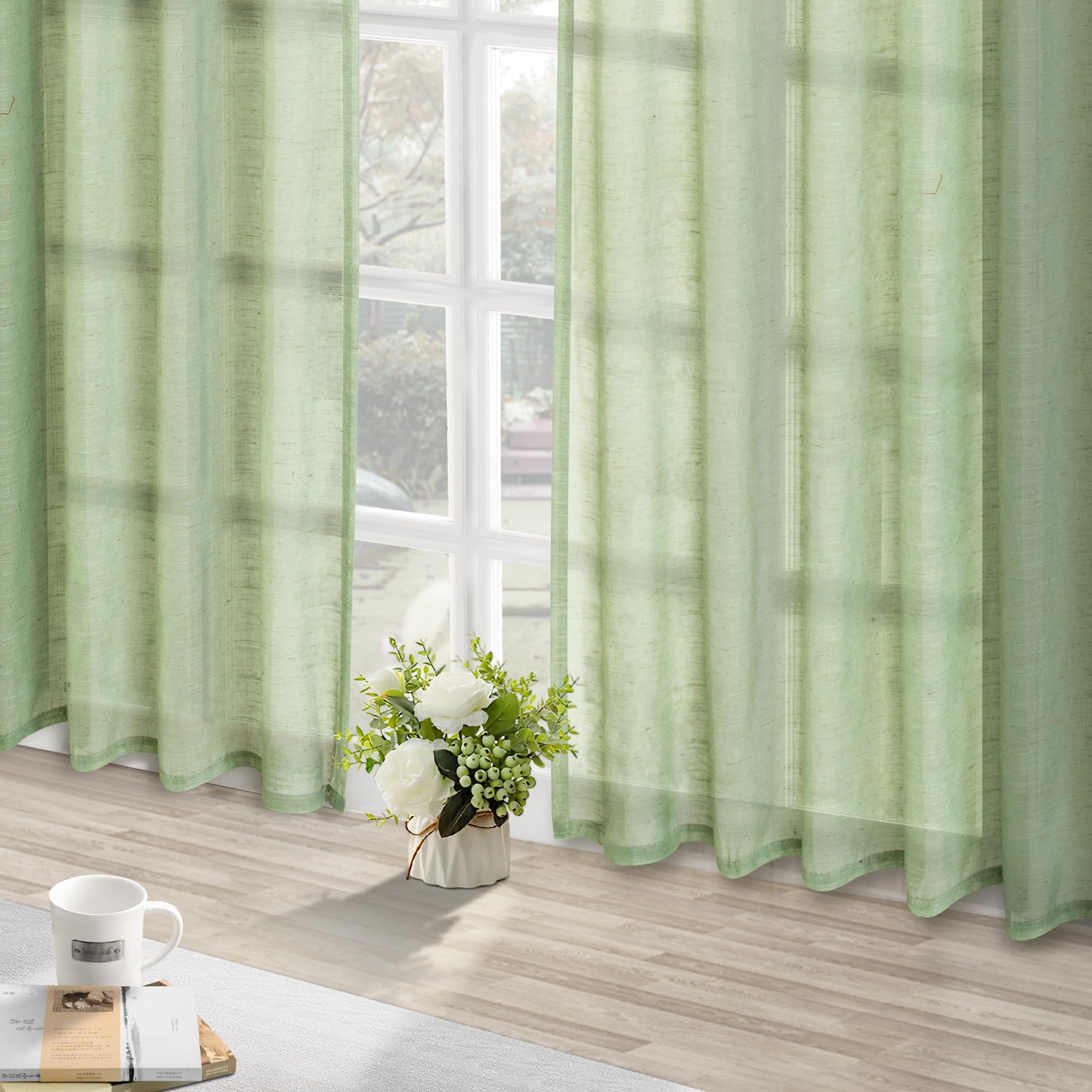 Amazon｜セージグリーン シアーカーテン 長さ63インチ - リネン風