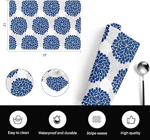 Miniatura 6 de Juego de 4 manteles individuales de flores azules, lavables, de PVC para mesa de cocina, diseño de hortensias de dibujo simple, diseño floral, gris,
