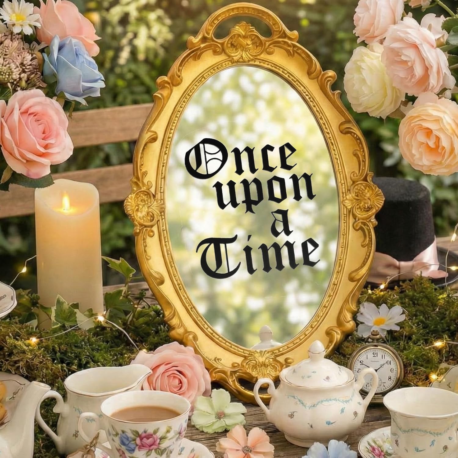Princess Party Decorations Once Upon a Time Fairy Tale Birthday Party Decor Vintage Oval Mirror 15.4 x 9.4 Inch Golden Mirror for Tea Birthday Decoration Baby Shower Women Wedding Dinner Supplies
