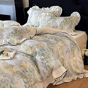 VM VOUGEMARKET Muslin Cotton Duvet Cover Set King Shabby Watercolor Duvet Cover with Ruffles Soft Linen Like Gauze Comforter Cover with Zip Closure and Corner Ties- 104"x90"