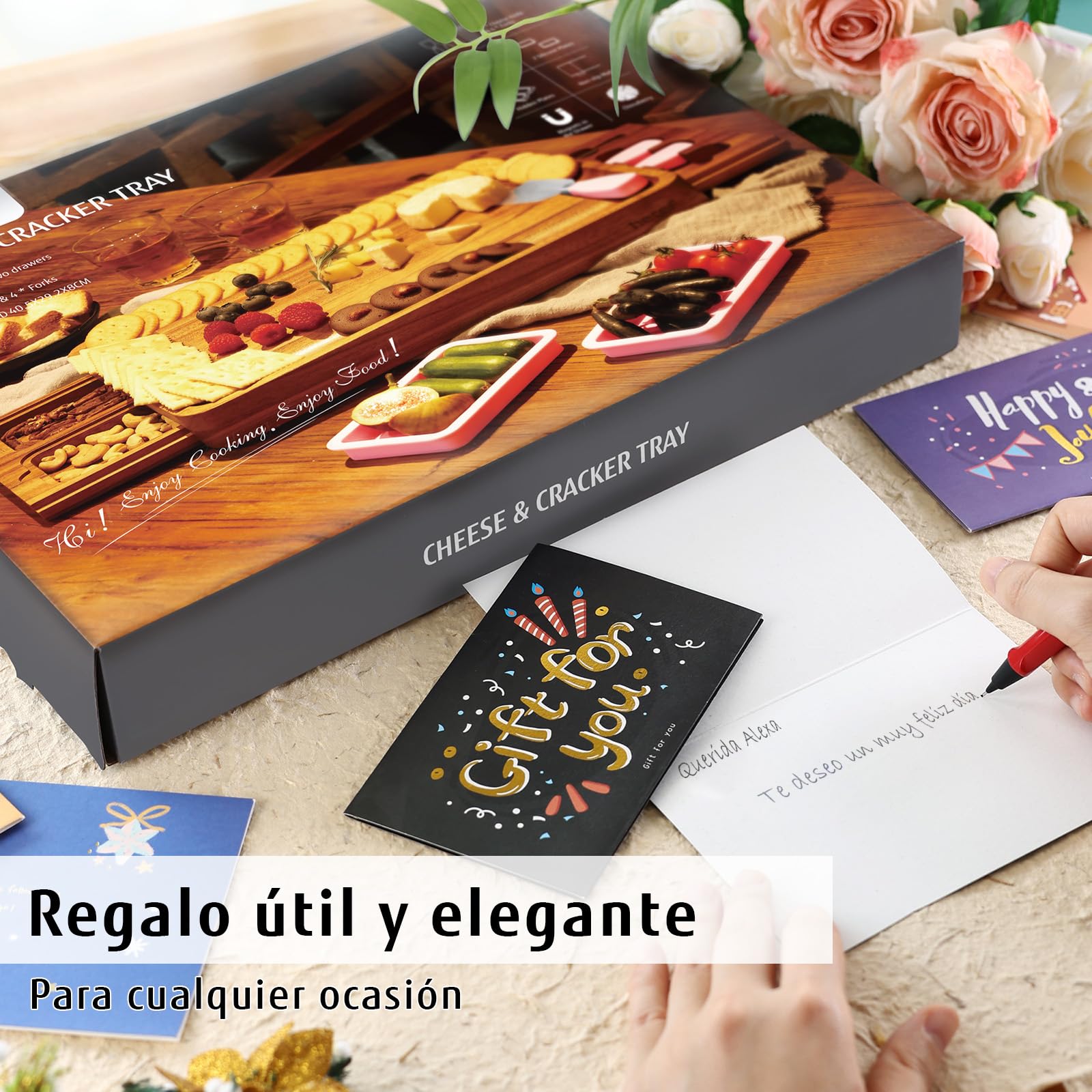 hecef Tabla de quesos Grande de Madera con Accesorios, 2 cajones