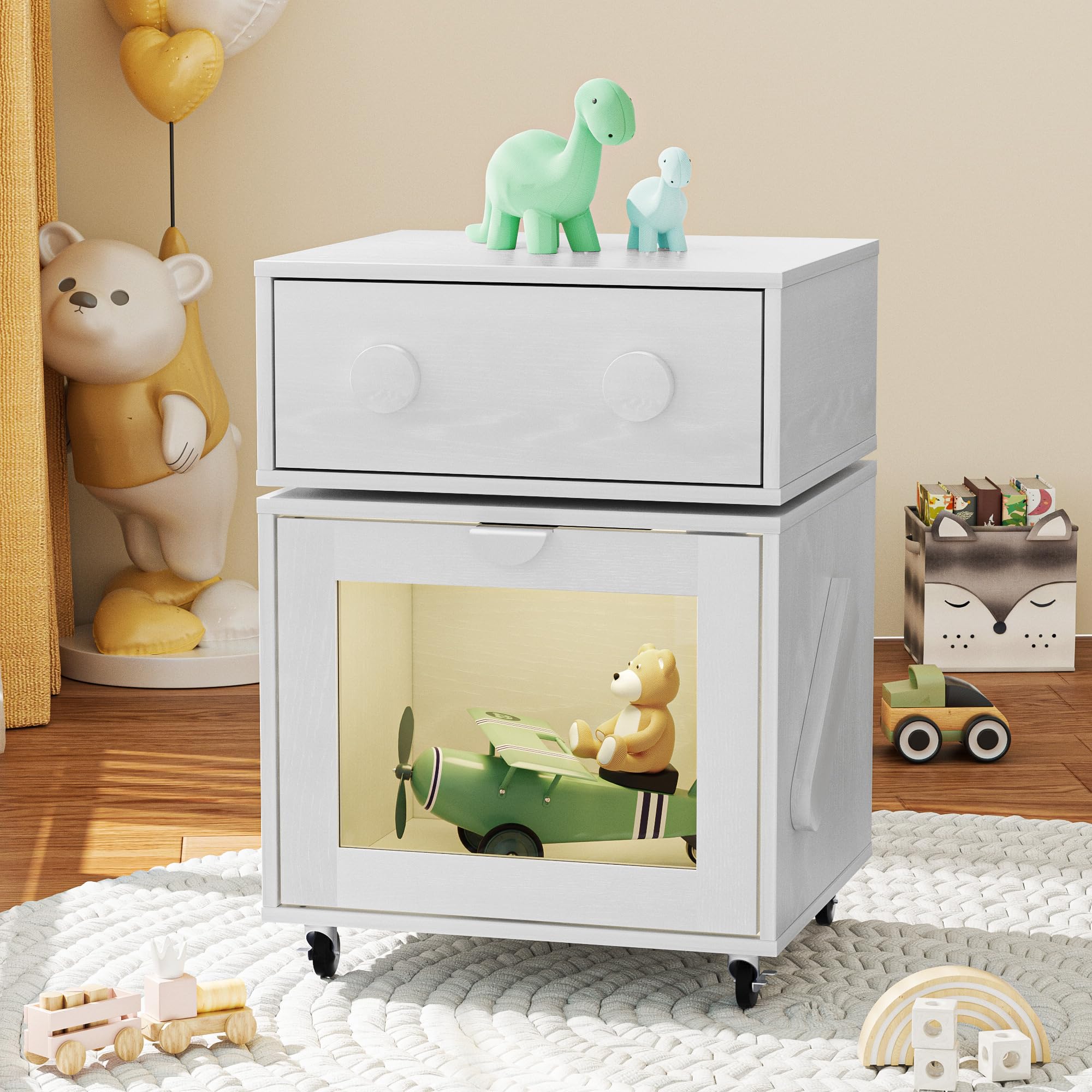 LED Nightstand with 360° Rotating Drawer & Motion Sensor Lights, Robot Nightstand with Wheels, White Rotating Side Table, Bedside Cabinet for Kids, Bedroom & Office,White