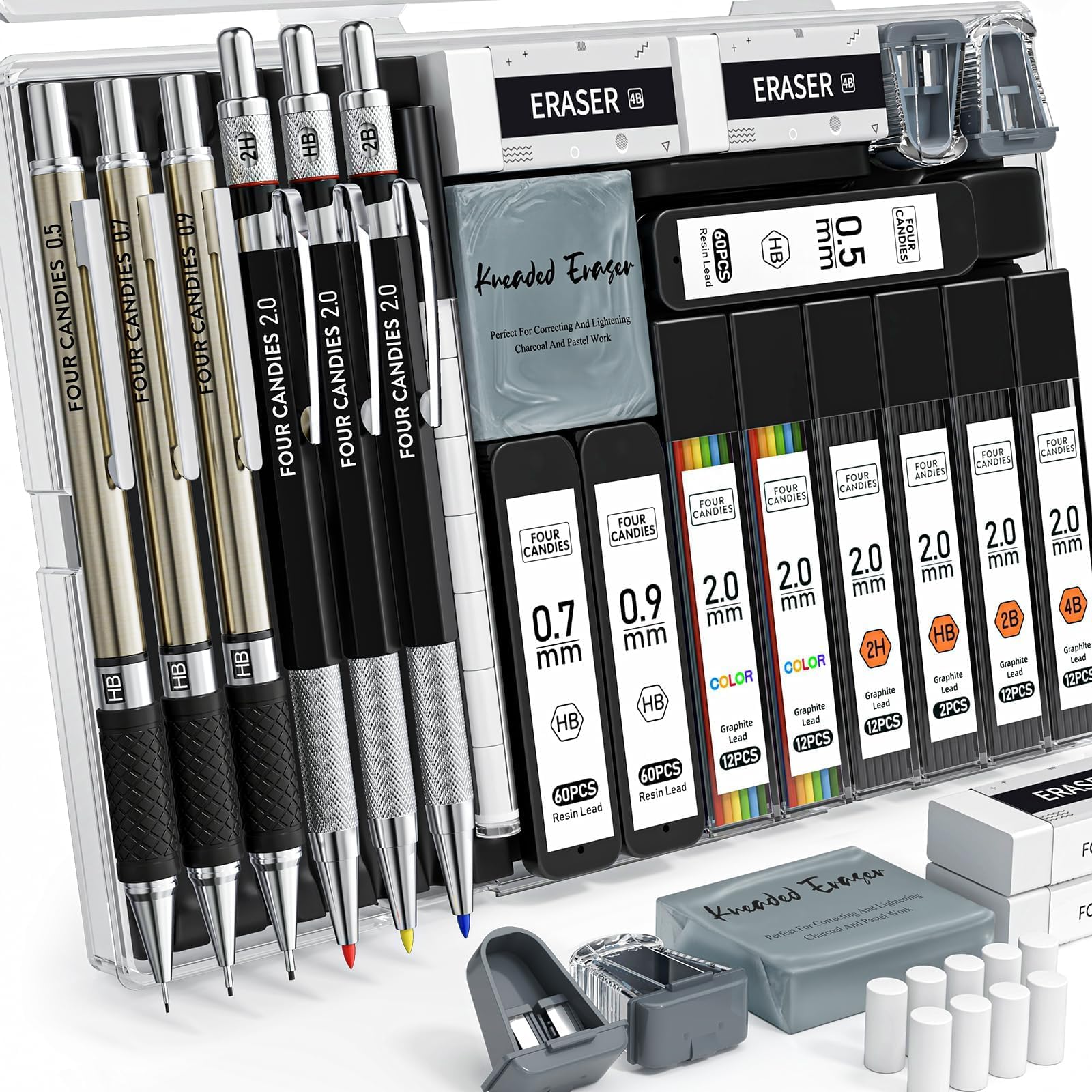 – Four Candies 25PCS Art Mechanical Pencil Set with Case, 3PCS Metal Artist Lead Pencil 0.5, 0.7, 0.9 mm &3PCS 2mm Lead Holder(HB 2H 2B 4B Color) with 432PCS Graphite Lead Refills for Drawing Sketching