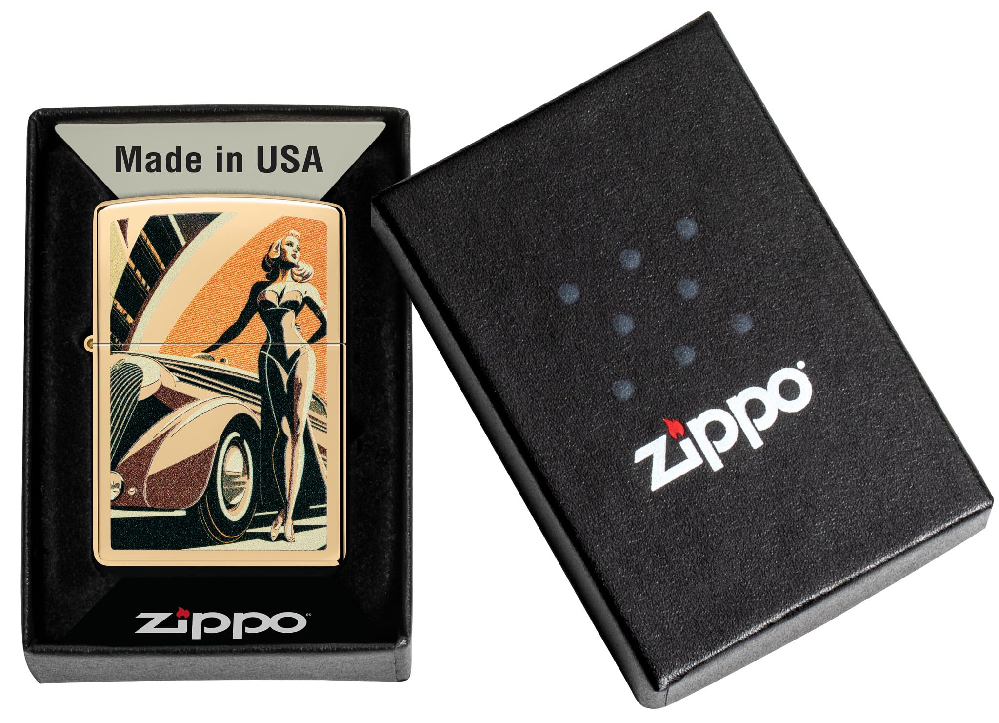 Zippo Sturmfeuerzeug - Vintage Car and Woman Design - Gold - High Polish Brass - Colour Image - Nachfüllbar - Windfest - Geschenkbox - Made in USA
