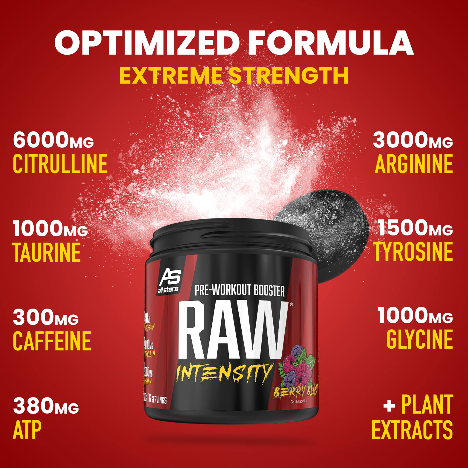 All Stars Raw Intensity Pre Workout Booster Berry Blast I Fitness-Pulver mit Aminosäuren & Pflanzenextrakt I Energy Drink mit Koffein & Taurin I Shake fettarm & zuckerarm