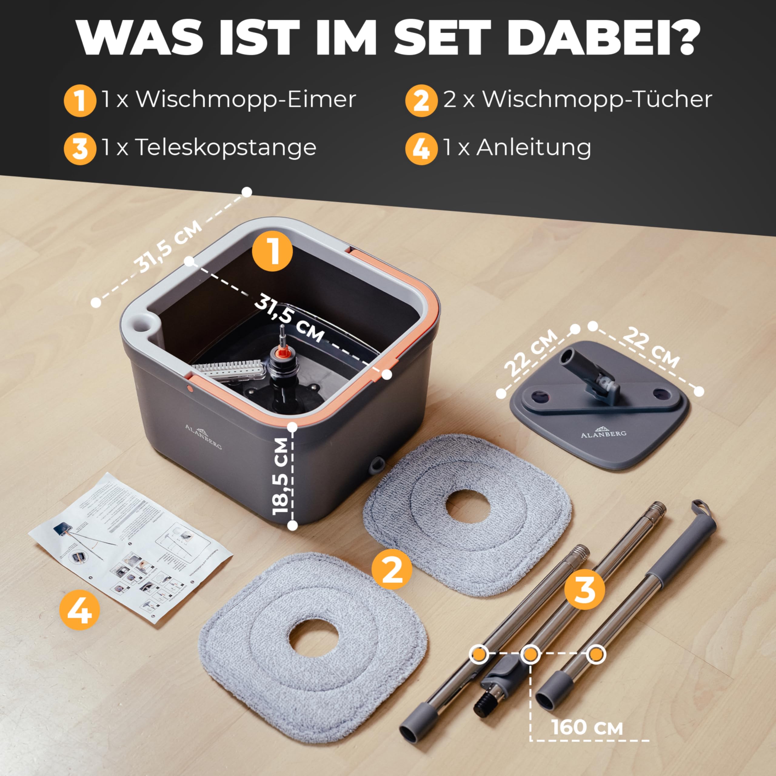 Wischmopp Set mit Eimer, 2-Kammer-System & 2 Mikrofaser-Pads, Flachmopp Bodenwischer mit Edelstahlstiel & Auswringfunktion, Nass- und Trockenmopp für Home & Bodenreinigung, Grau – ALANBERG®