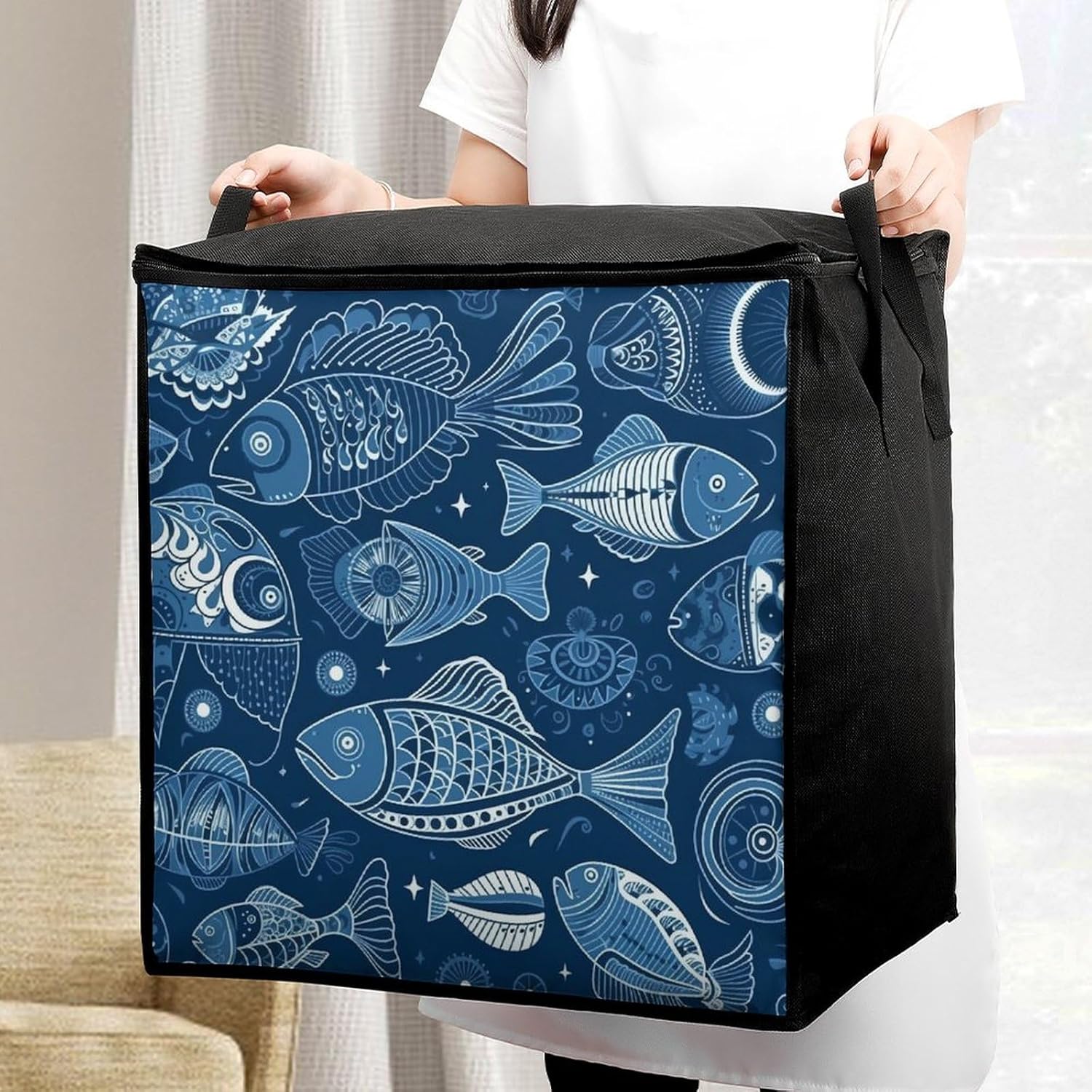 Portable Quilt Storage Bag,Fish And Shells Printed Foldable Wardrobe Storage Box Foldable Storage Bag with Lids And Handle Large Clothing Storage Bag for Comforters Clothes Blankets Pillows