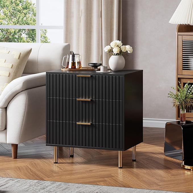 3 Drawer Dresser for Bedroom, Fluted Modern Nightstand with Deep Drawers, Chest of Drawers with Wide Top, Wooden Dresser Organizer, Side Table for Living Room, Hallway, Kids Room, Black