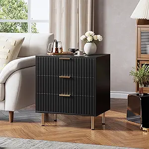 3 Drawer Dresser for Bedroom, Fluted Modern Nightstand with Deep Drawers, Chest of Drawers with Wide Top, Wooden Dresser Organizer, Side Table for Living Room, Hallway, Kids Room, Black