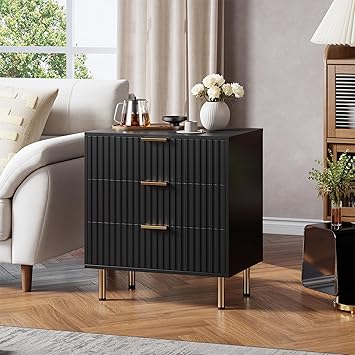 3 Drawer Dresser for Bedroom, Fluted Modern Nightstand with Deep Drawers, Chest of Drawers with Wide Top, Wooden Dresser Organizer, Side Table for Living Room, Hallway, Kids Room, Black