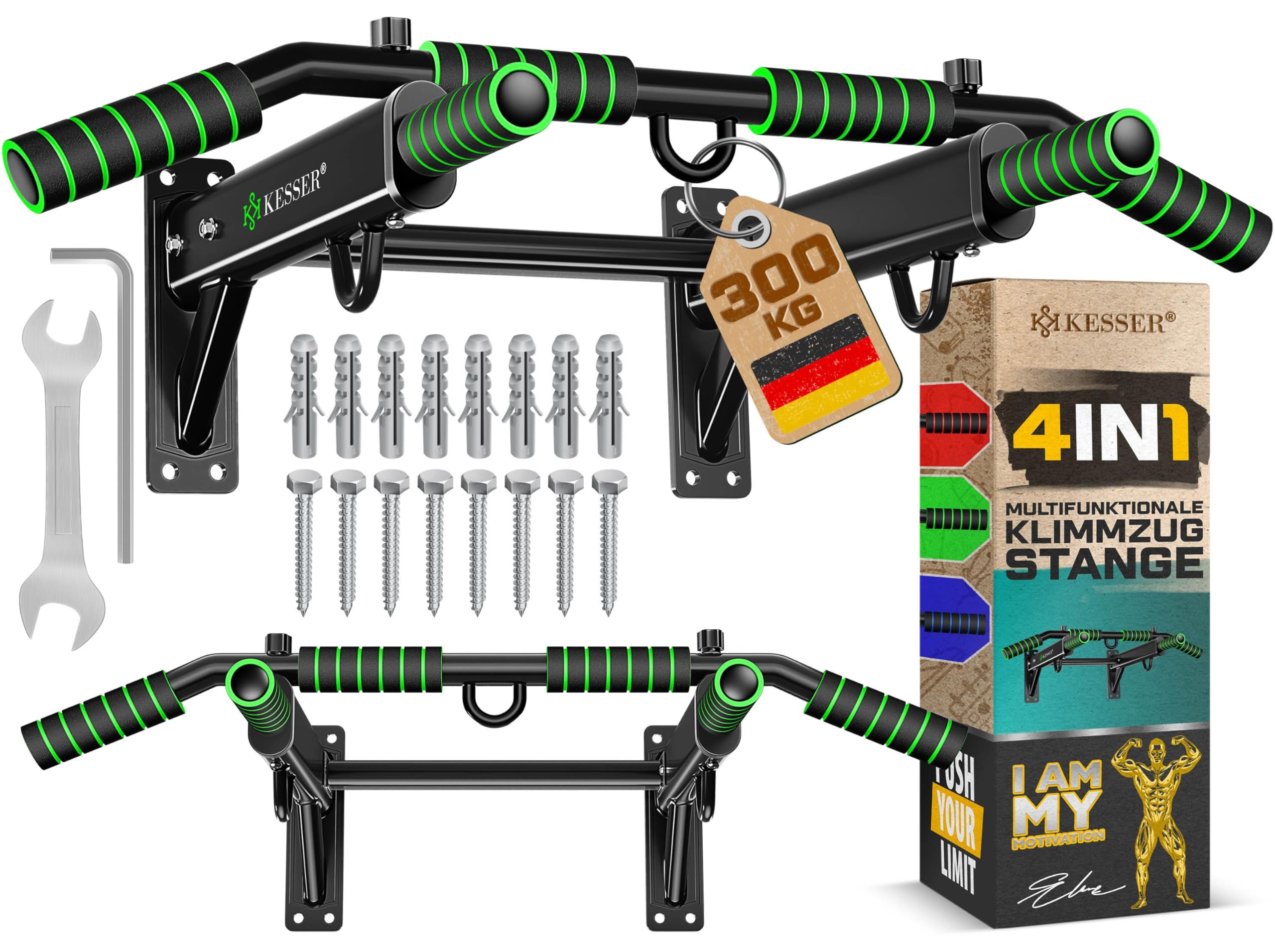 KESSER® Barra per trazioni 4 in 1 per Montaggio a Parete, Maniglie Antiscivolo, Funzione aggiuntiva per Corde, Anelli e Sacchi da Boxe | Barra per trazioni per la casa