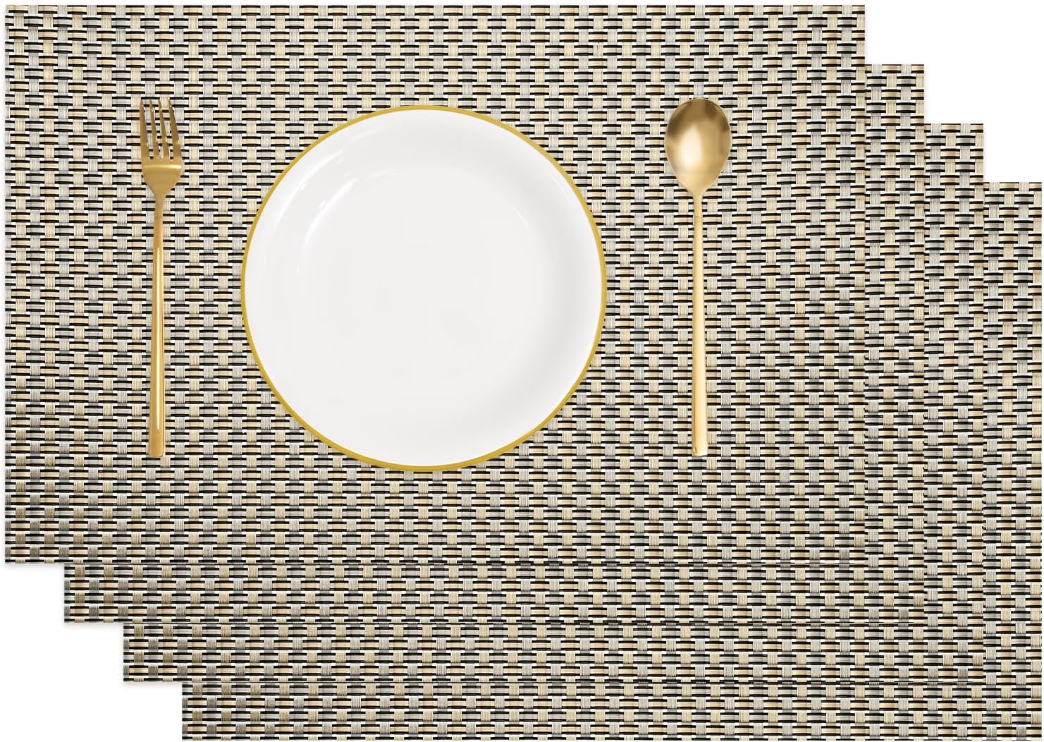 uxcell Heat Resistant Woven Washable Placemats, 12x18 Inch PVC Vinyl 8 Ply Woven Washable Non-Slip Table Mats for Dining Table Kitchen Outdoor Home Decoration(Silver Brown,4Pcs)