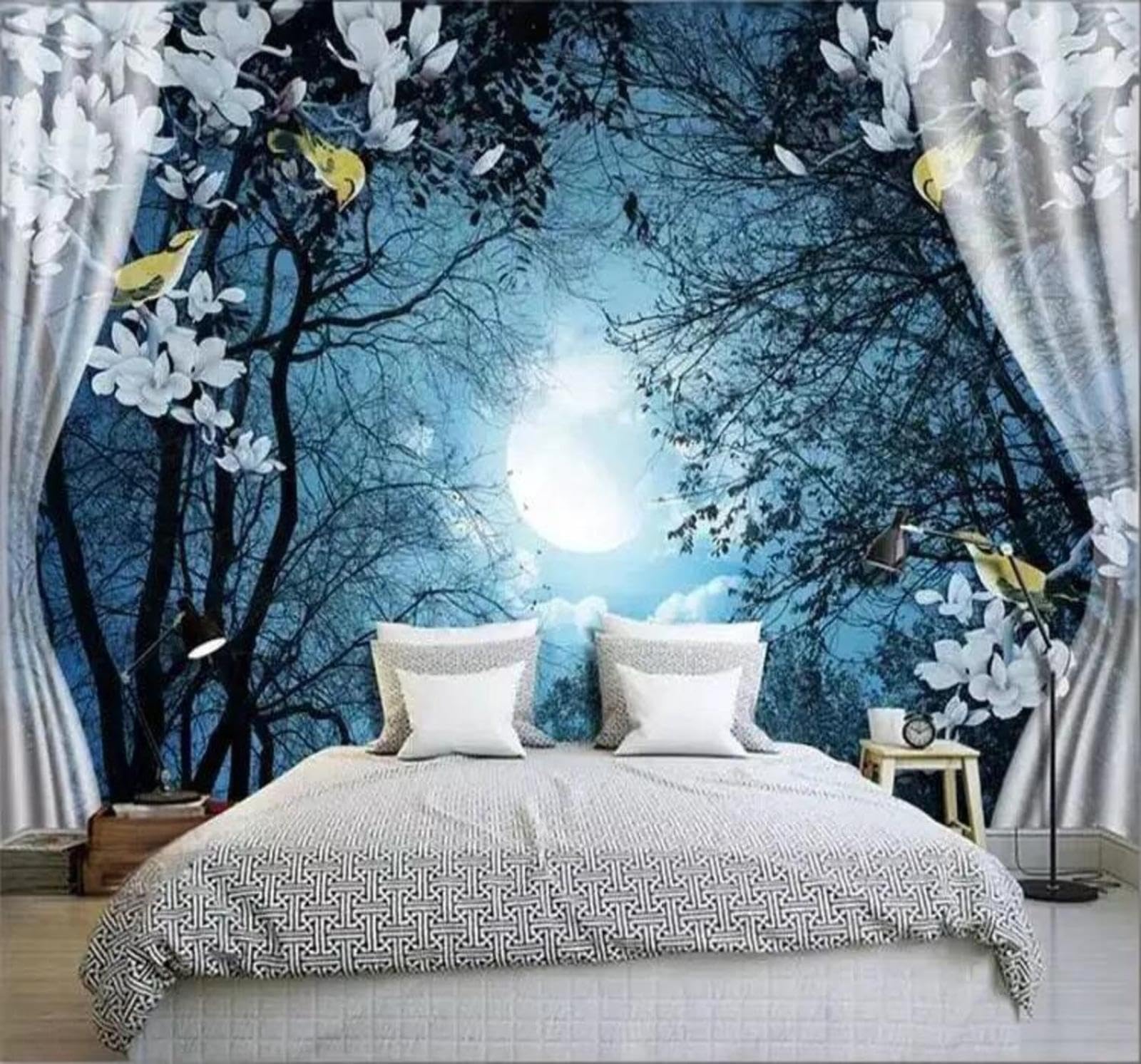 Wallpaper-3D-Xlm 250Cm×170Cm(B×H) Three Dimensional Forest Moon Flowers And Birds Night Scene 3D Wallpaper Easy Install Feature Office Living Room Sofa Bedroom Tv Background Wall Decoration-250Cm×170Cm