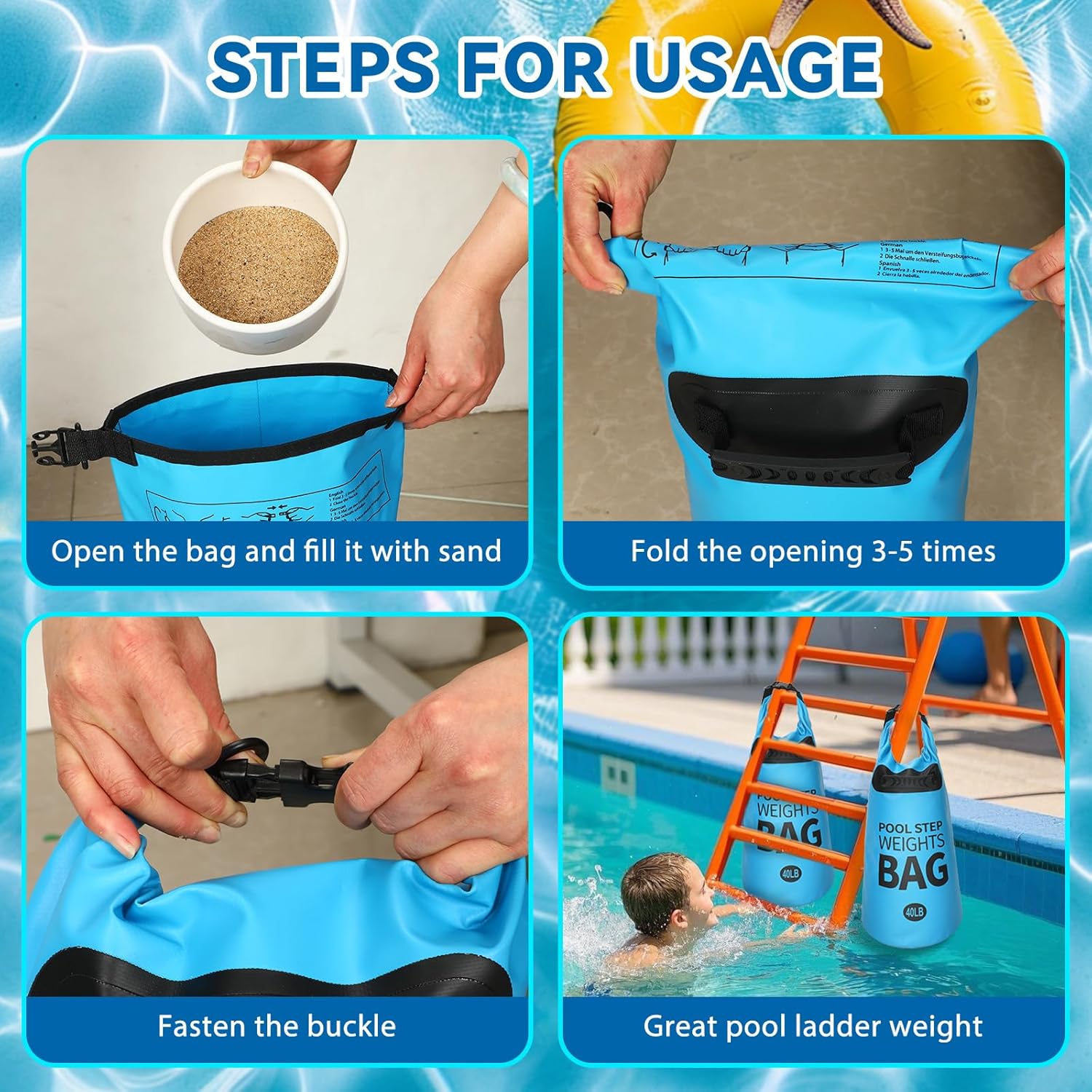 NOVWANG Heavy Duty Pool Step Weights, 40 LB Quick Fill Swimming Pool Ladder Weights 500D PVC Sand Fillable Bags with Tough Handle No Breaken Universal Step Anchors for Above Ground Pool Stairs - Image 4
