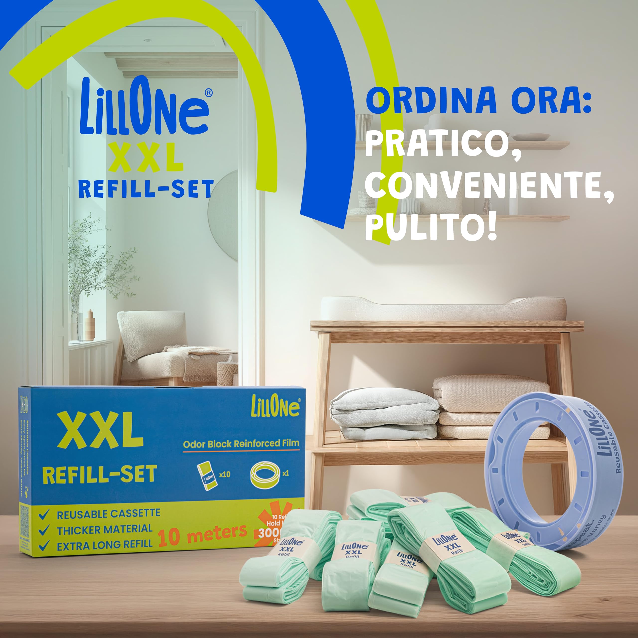 LillOne XXL-SET 10 Ricariche da Oltre 10 Metri + 1 Cassetta Riutilizzabile - Compatibili con Mangiapannolini Maialino Foppapedretti, Angelcare, Munchkin - Extra Lunghe Alta Densità