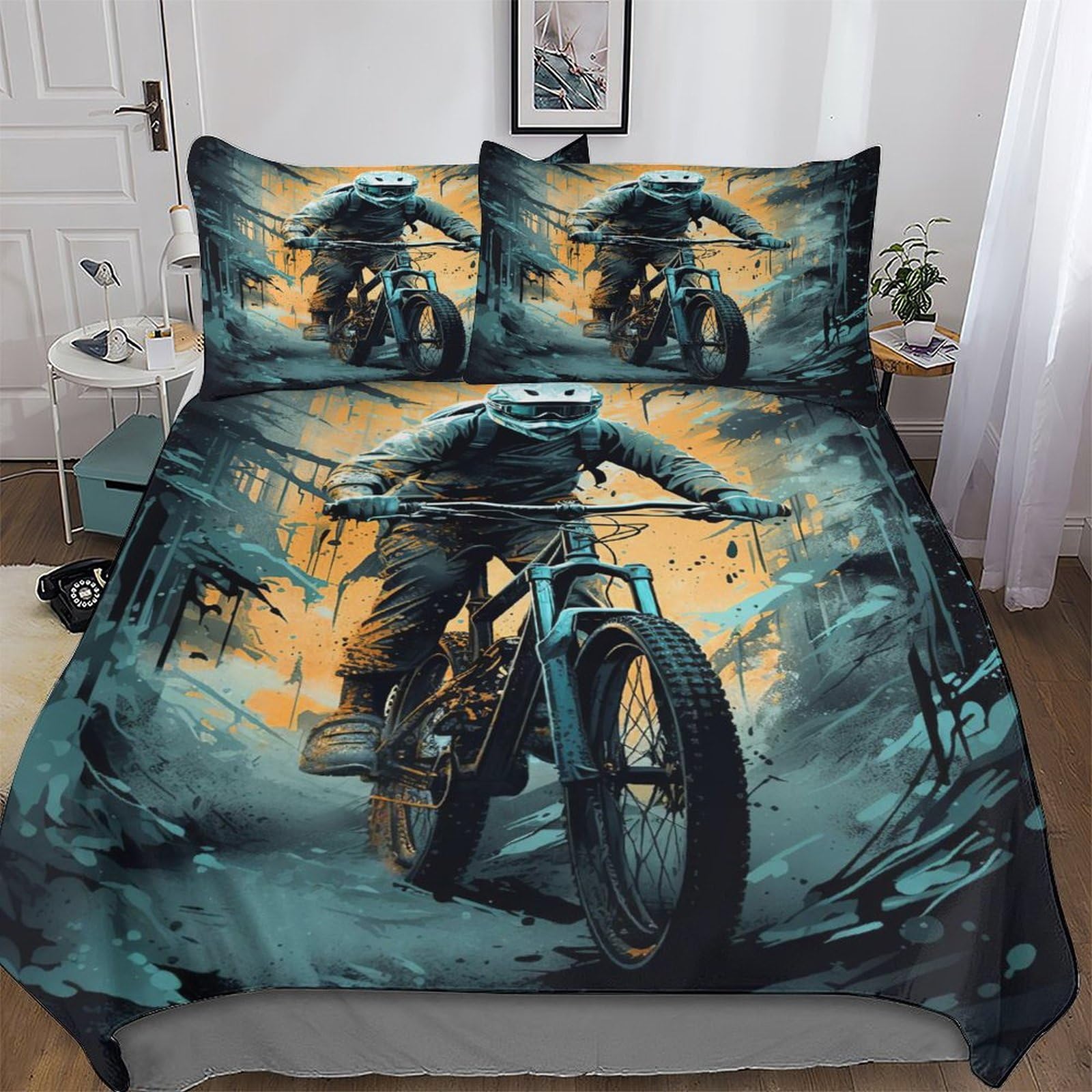 Pazzk Boys Mountain Bike-19 Mountain Bike Printed Duvet Cover Set For Girls Kids Teens Bedding Comforter Cover With Zipper Ultra Soft Microfiber Bedspread Quilt Covers With Pillowcase Double (200X200cm)