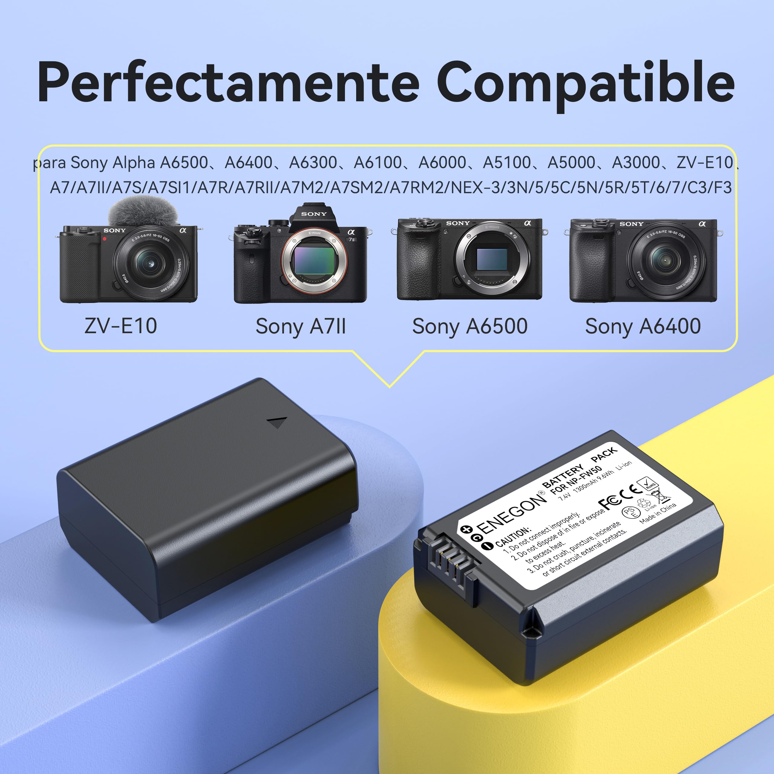 ENEGON Batteries NP-FW50 (2x1300mAh) + Chargeur LCD Intelligent USB Double Entrée – Kit Haute Capacité Compatible avec Sony Alpha ZV-E10, A6500, A6400, A6300, A6000, A7, A7S, A7S II, A5100, A5000