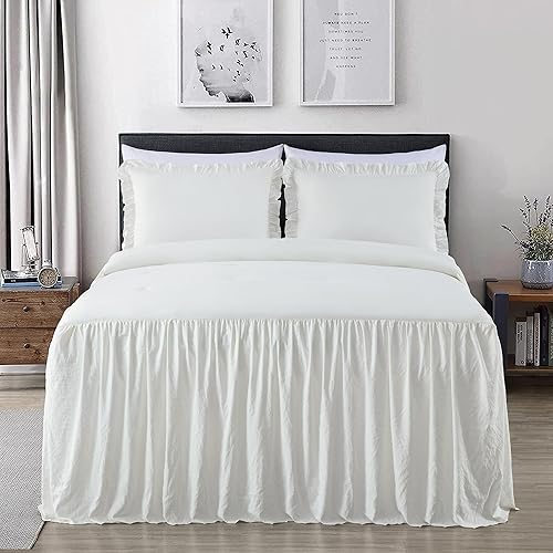 Chezmoi Collection Sinclair - Juego de colcha de 3 piezas con falda con volantes, estilo campestre francés chic, matrimonial, marfil