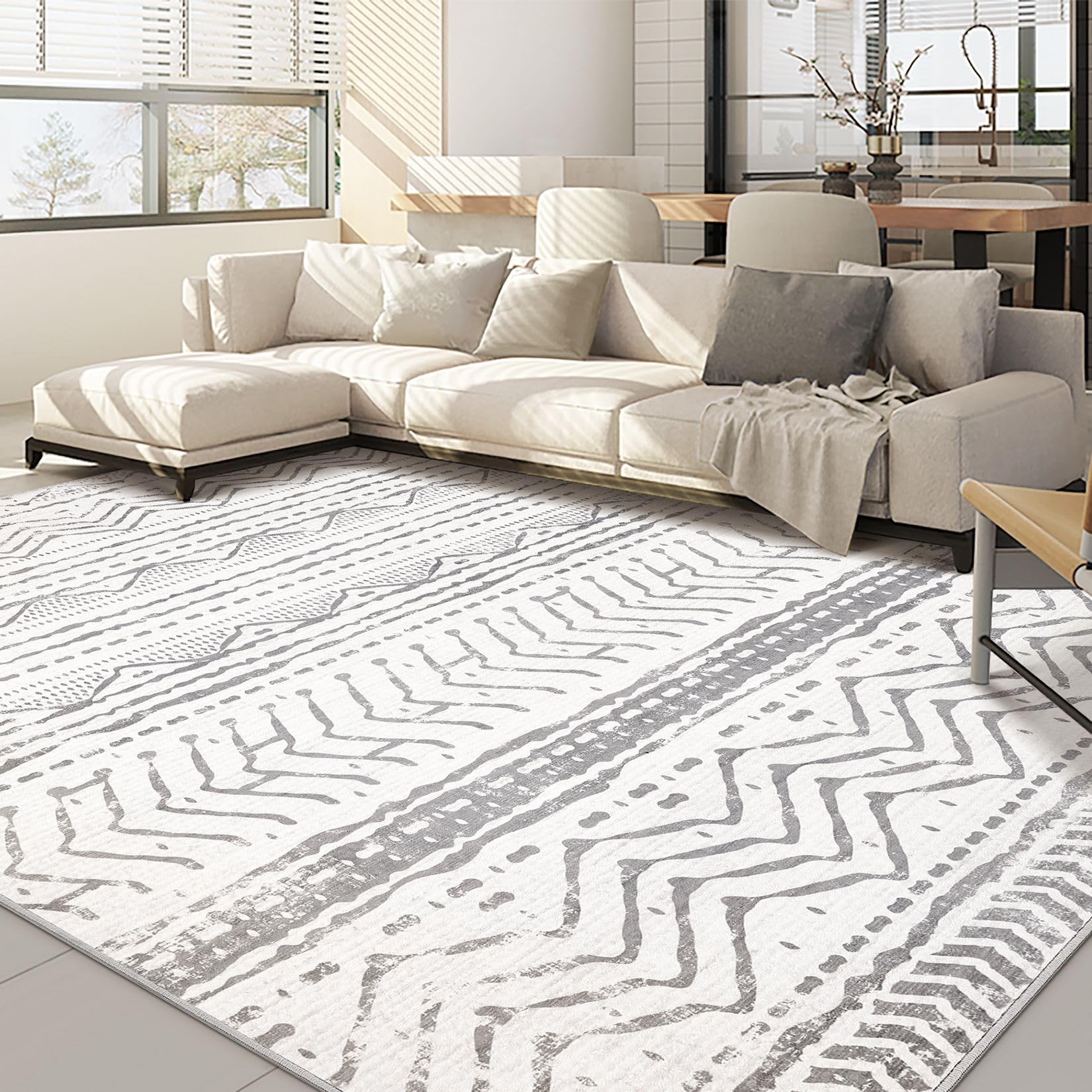 Nakagishi Area Rugs 9x12 Living Room: Washable Boho Large Neutral Modern Soft Farmhouse Rug Stain Resistant Indoor Non-Slip Accent Carpet for Bedroom
