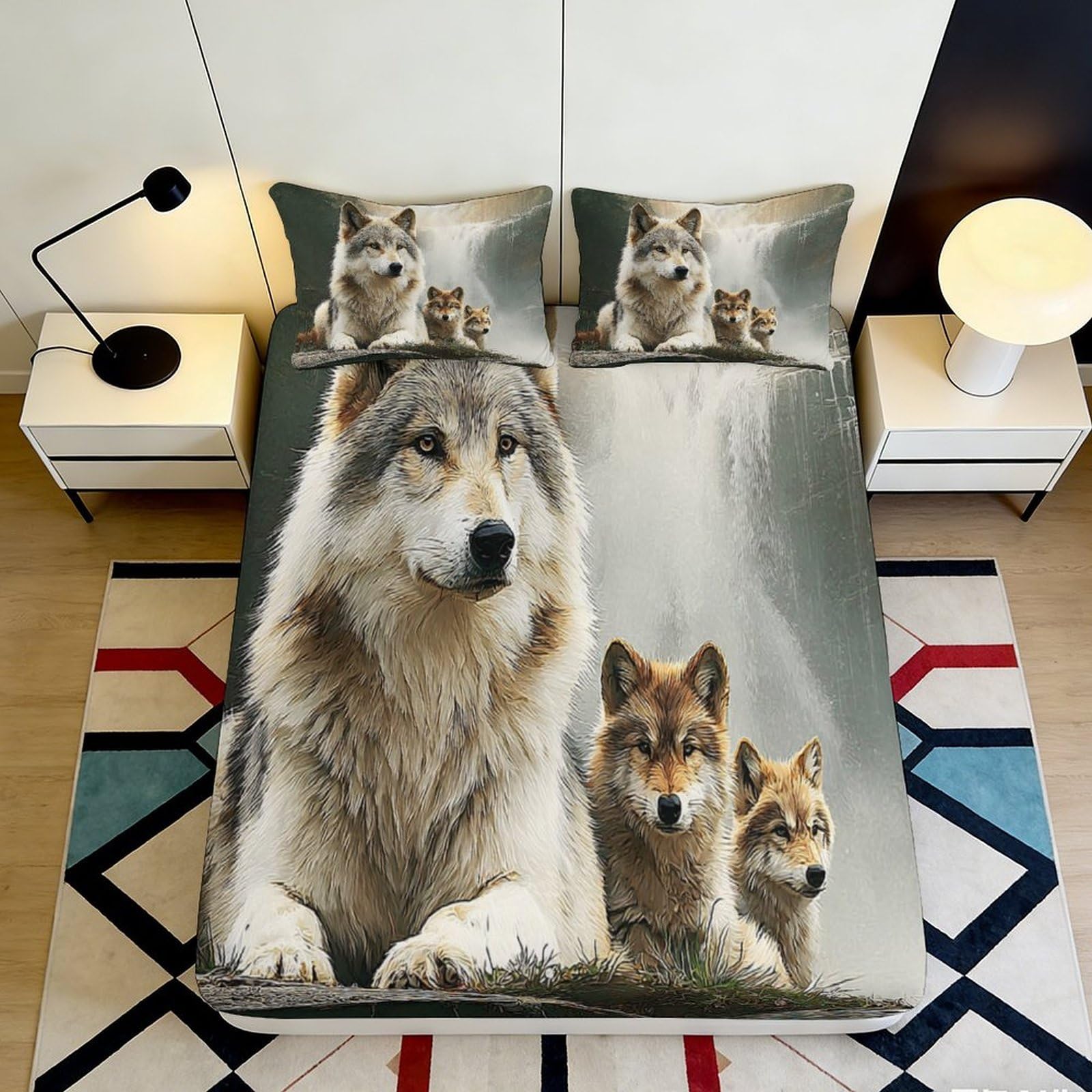 3D Printed Wolf Pattern Fitted Sheet Microfiber Deep Pocket Bedroom Bedding for Adults Wolf Mattress Fitted Cover 140x200x25cm