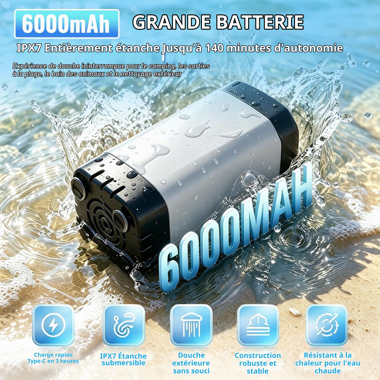 Douche de camping portable avec chauffage – Chauffage rapide 2000 W et batterie 6000 mAh