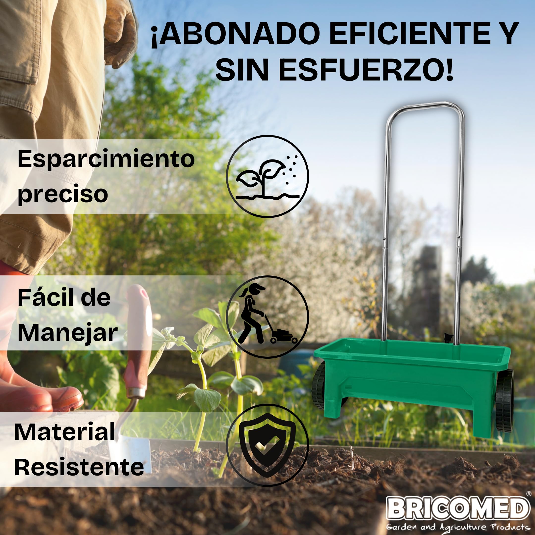 Carro sembrador 12 litros Cabezal de esparcimiento de 50cm. Ideal para abonar, sembrar y fertilizar. Regulador de cantidad