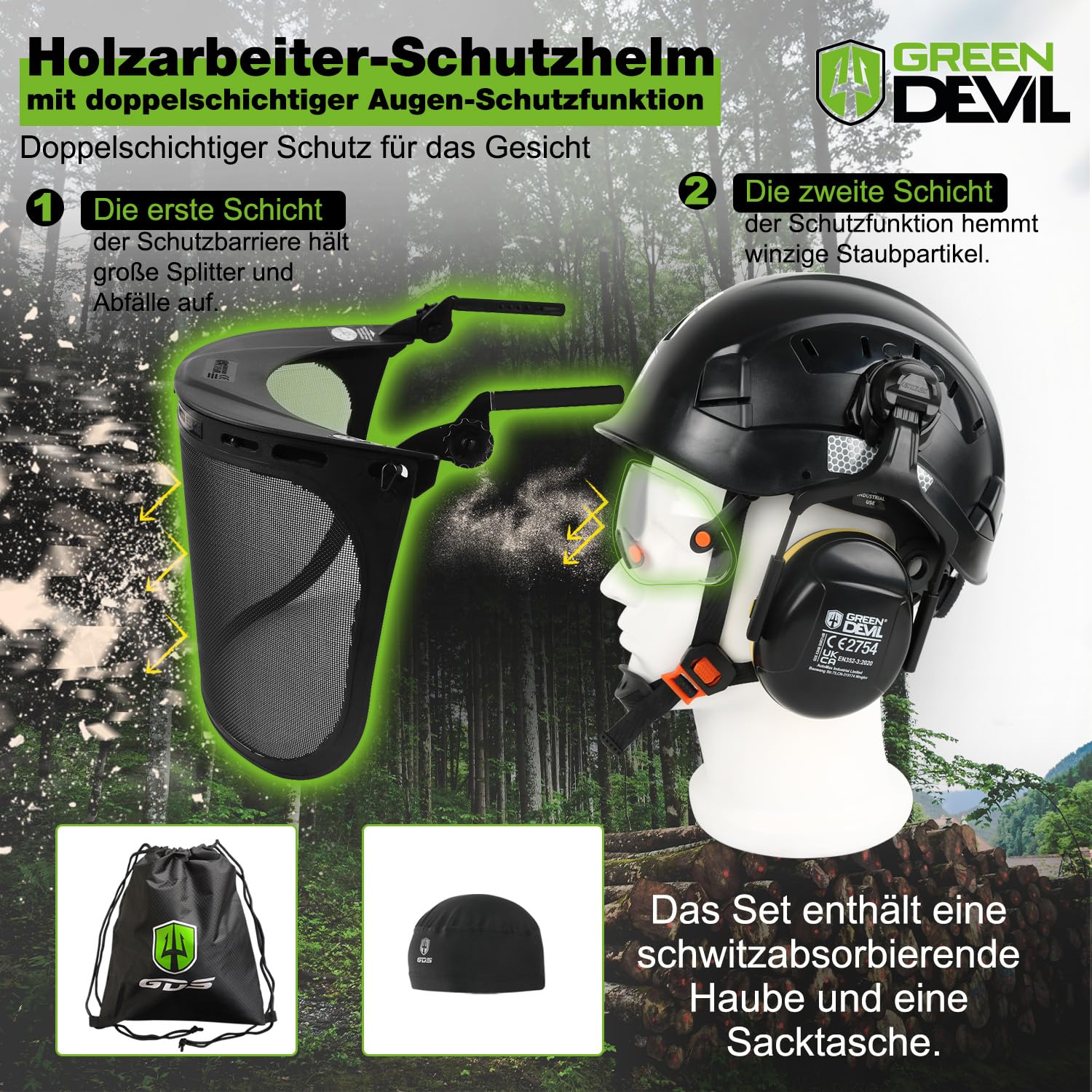 GREEN DEVIL Casque de protection pour tronçonneuse - Certifié EN397 - Système 5 en 1 avec protection du visage en maille - Visière et cache-oreilles intégrés - Ventilé - Pour le travail du bois et le