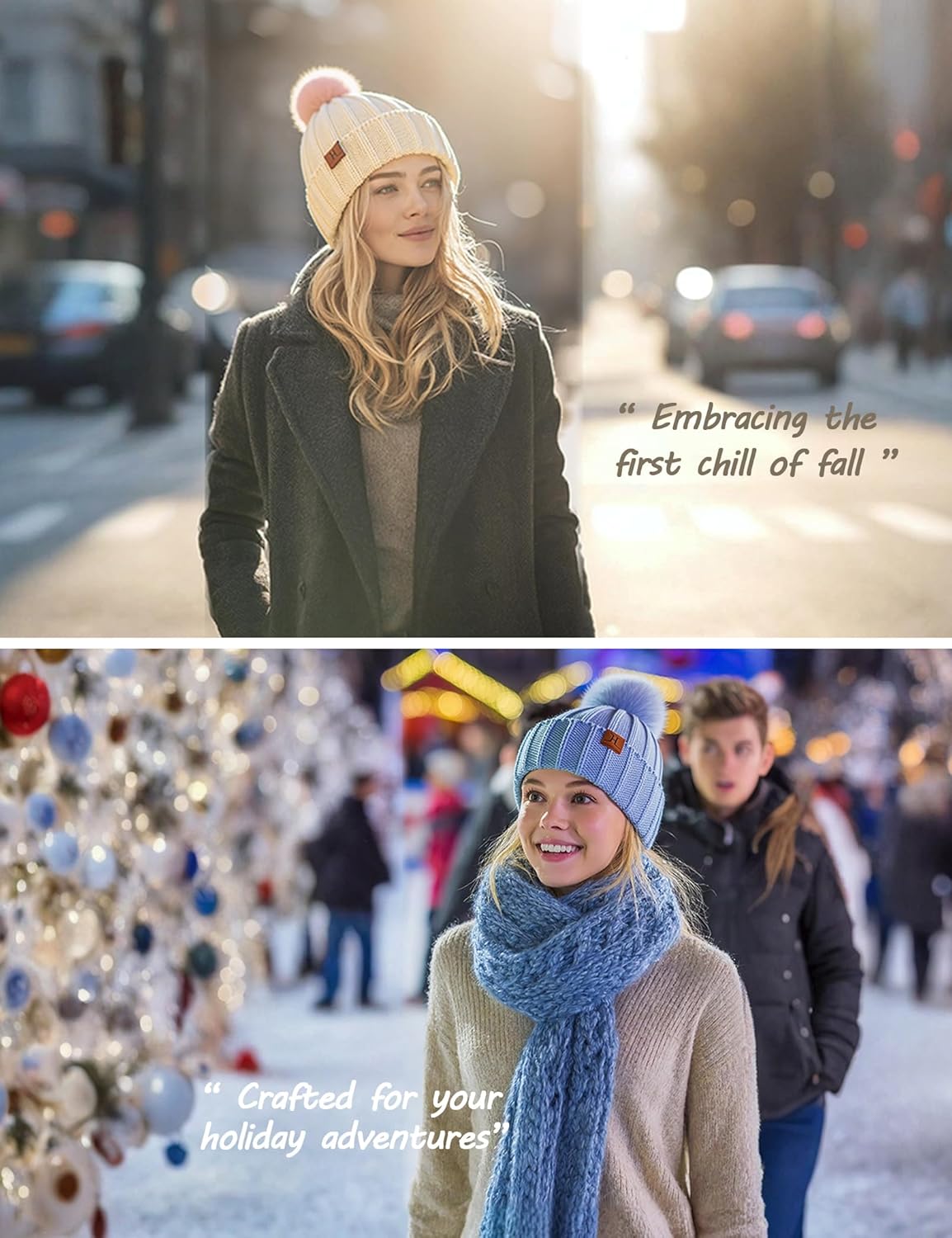 Womens Winter Hat with Pom Pom, Knit Fleece Beanie Hats for Women Cold Weather, Warm Toboggans Cap - Image 6