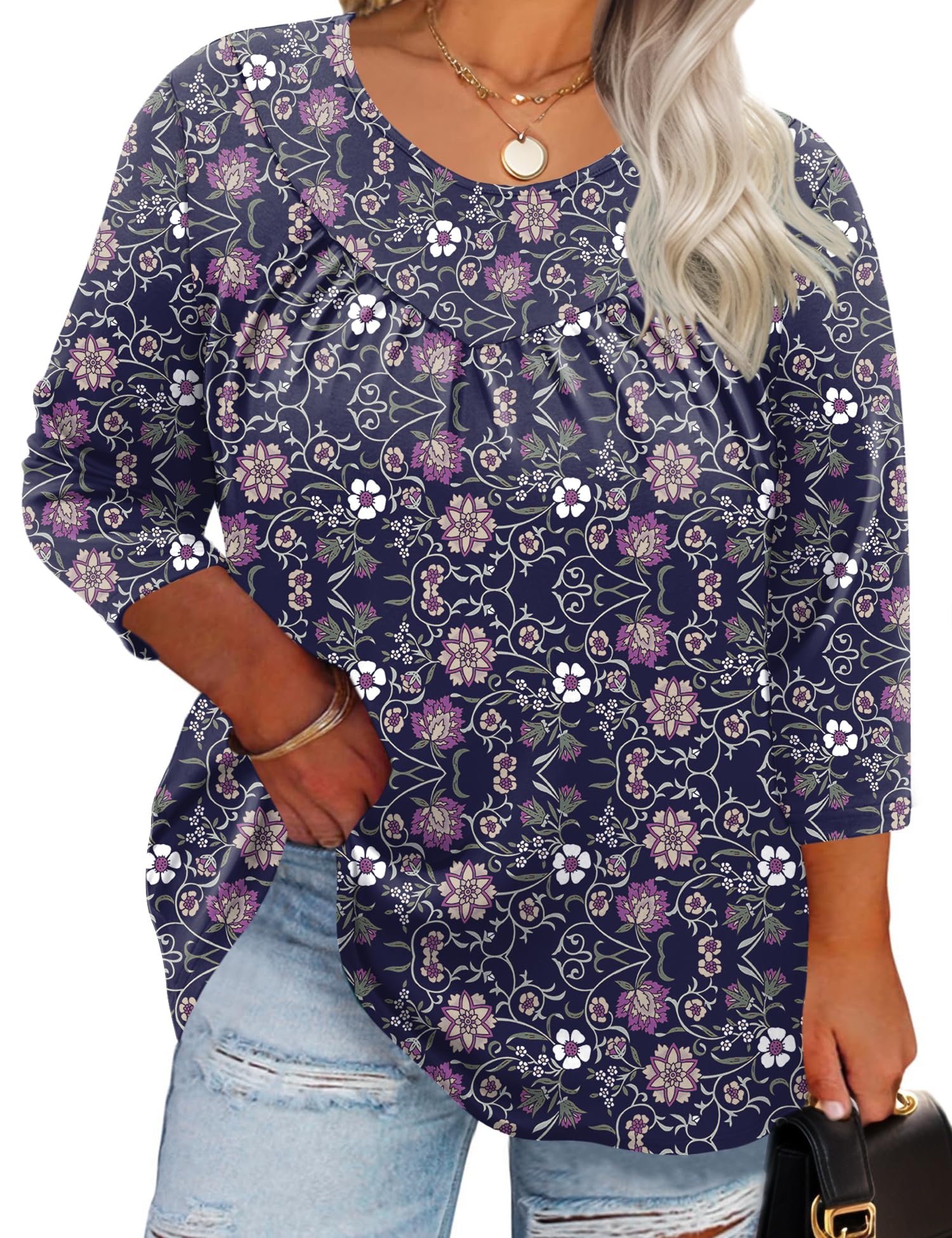 TFSDOD Womens Plus Size Tops 3/4 Length Sleeve Blouses Crew Neck Shirts Casual Loose Tunic Tops 1X-5X