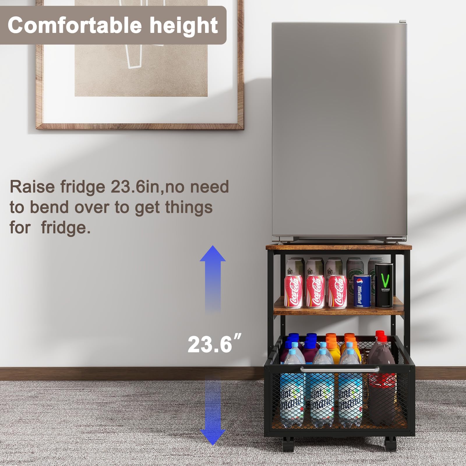 Mini soporte para refrigerador de 19.7 x 19.7 pulgadas con almacenamiento y ruedas, mini refrigerador resistente con mesa de estante ajustable, soporte para refrigerador para cafetería 6