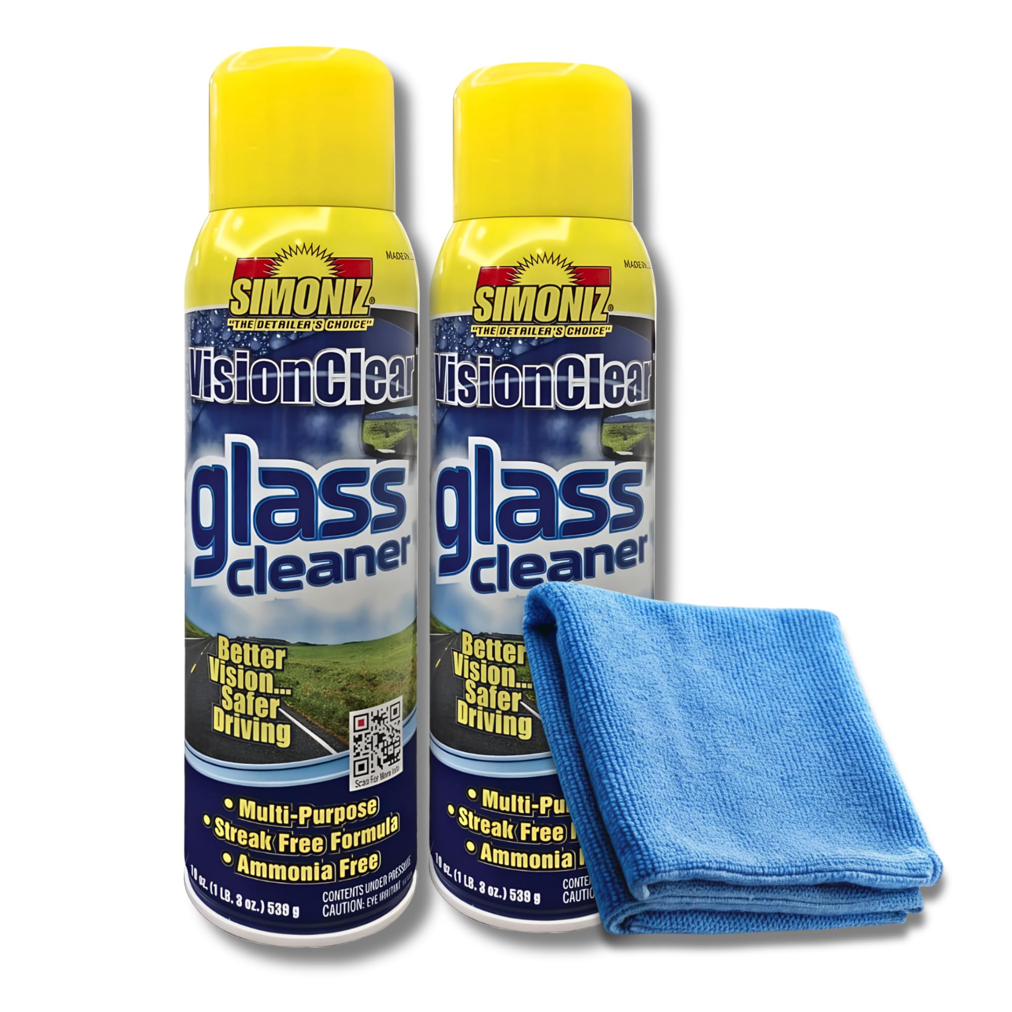 Simoniz Vision Clear Glass Cleaner Streak Free (2-pack) 19oz + LARGE Microfiber Polish Cloth COMBO