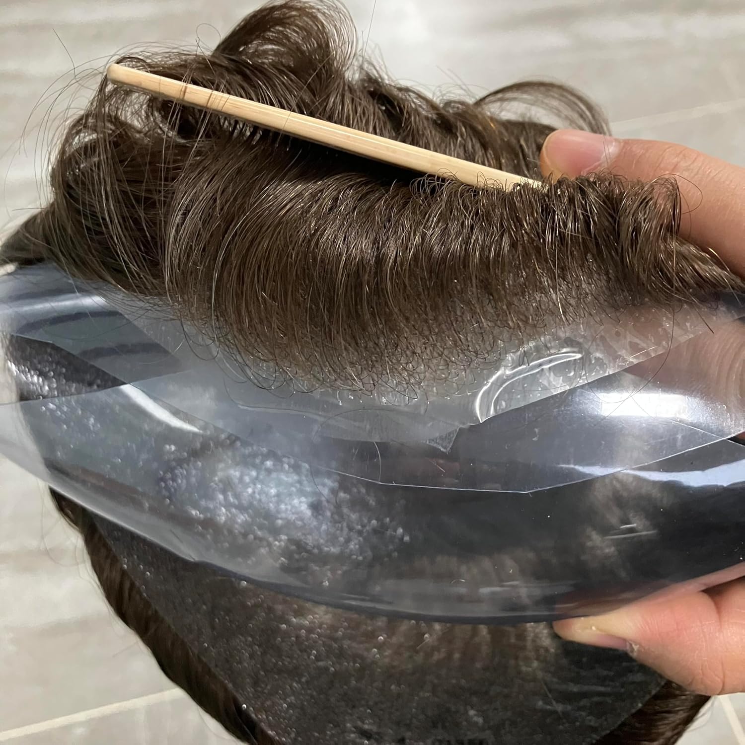 SIMBEAUTY 0.03mm UltraThin Skin Toupee Hair for Men Light Density Natural and Invisible Hairline Vlooped 8x10 Inch Human Hair System for Men PU Base (#4, medium brown, 0.03mm skin)