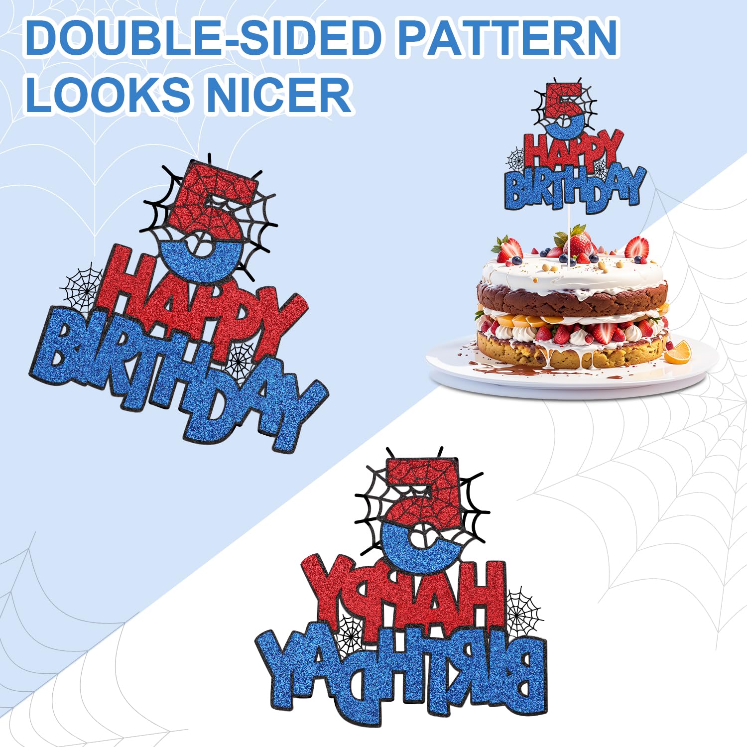 Spider Birthday Cake Topper & Cupcake Picks - 5-Piece Set, Black/Blue/Red, For Boys’ Parties - View #2