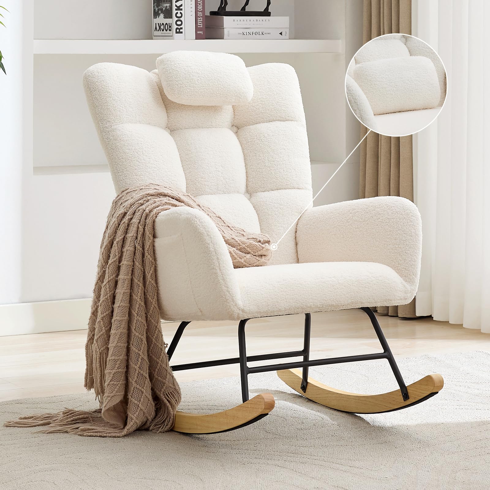 IDEALHOUSE Nursery Rocking Chair, Comfort Glider Rocker with High Backrest Armchair Padded Seat, Accent Chair for Nursery Living Room Bedroom Offices