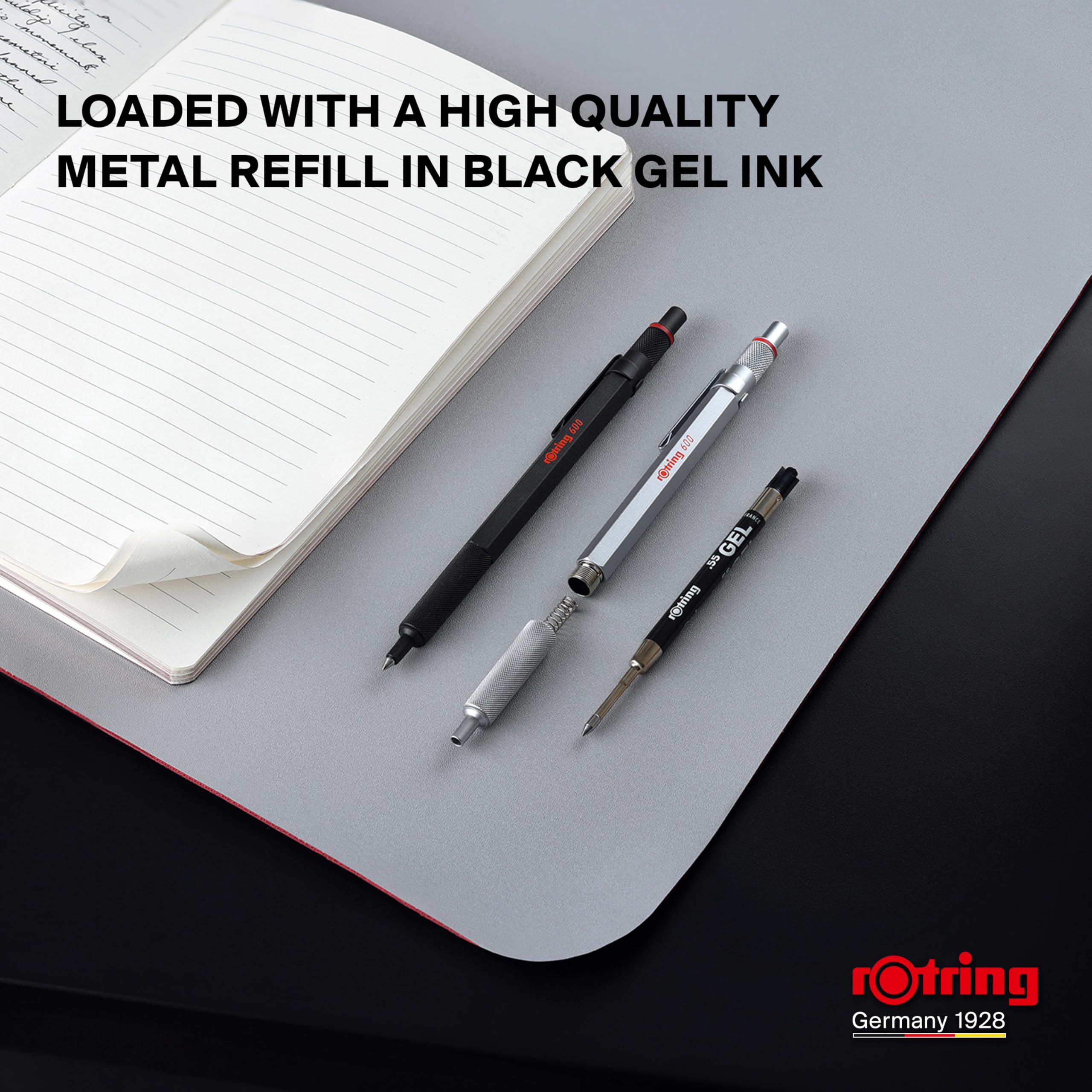 rOtring 600 Bolígrafo de gel | 0,55 mm | Tinta negra | Cuerpo metalizado negro | Agarre estriado antideslizante y cuerpo hexagonal | Recargable