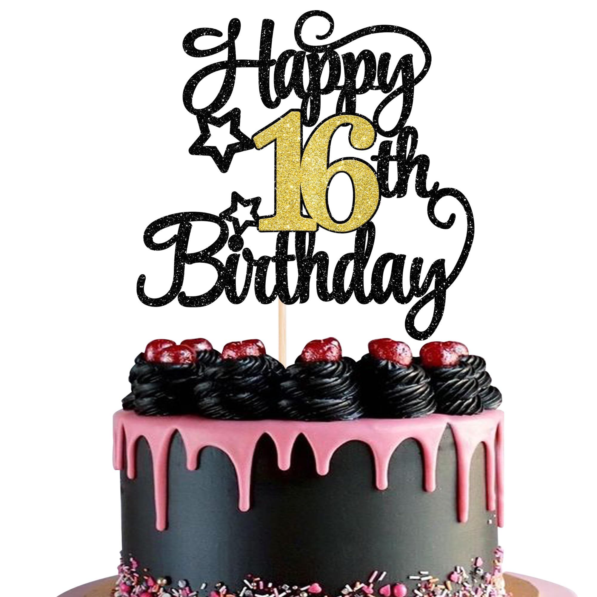 1 Stück Happy 16th Birthday Tortendeko Teenager 16th Fabelhaftes Prost auf 16 Jahre Kuchen Deko mit Glitzer Stern für 16. Geburtstag Jahrestag Party Torte Dekoration Schwarz Gold