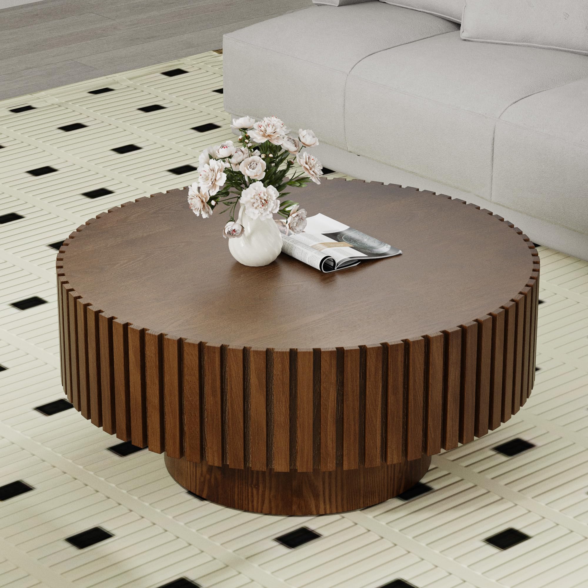 Round Fluted Coffee Table Round Drum Coffee Table for Living Room Modern Circular Pedestal Center Table (Circle Brown 31.5in)