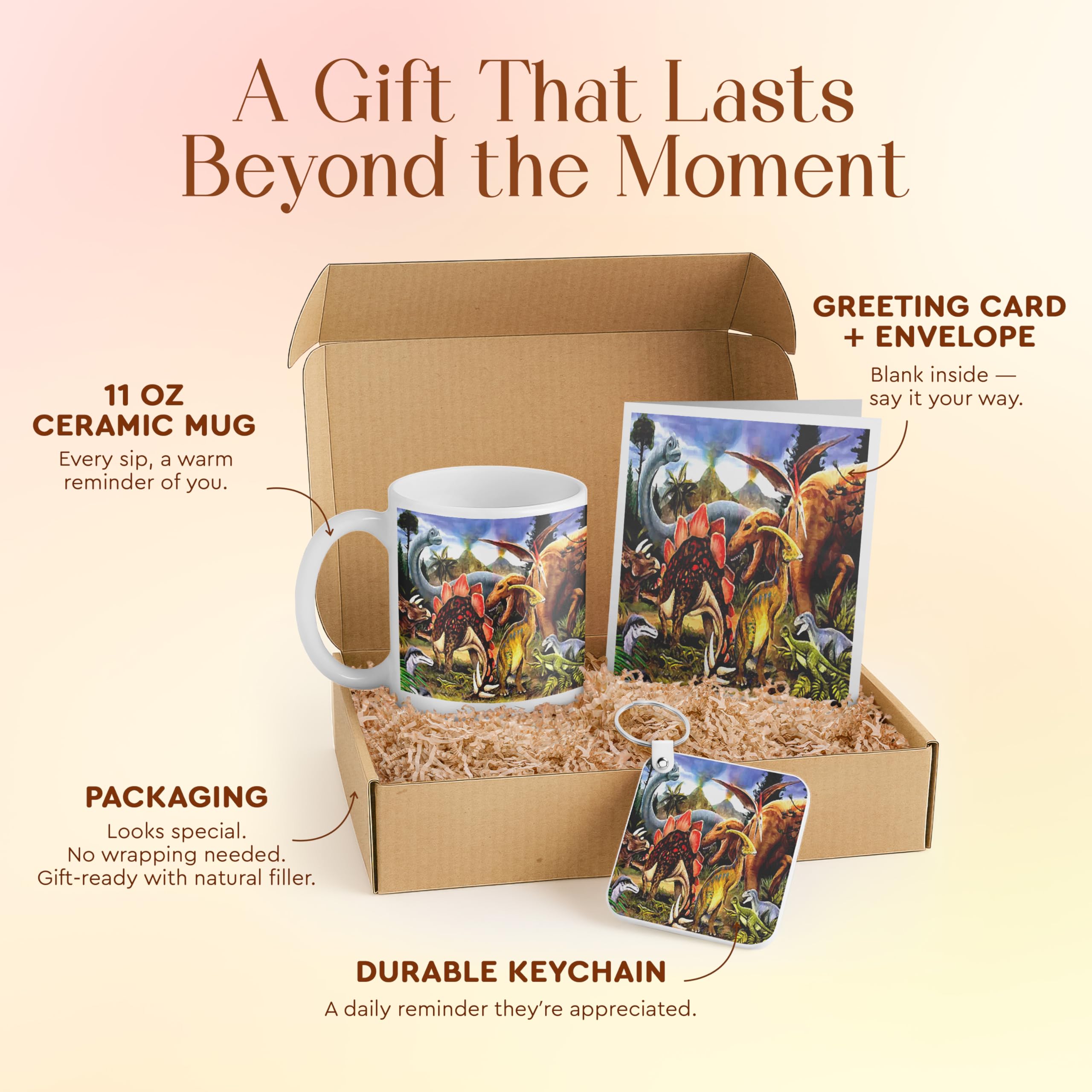 3dRose Dinosaur Gift Set for Kids – Mug, Keychain, and Greeting Card – Colorful Dinosaur Illustration – Perfect for Birthdays and Holidays