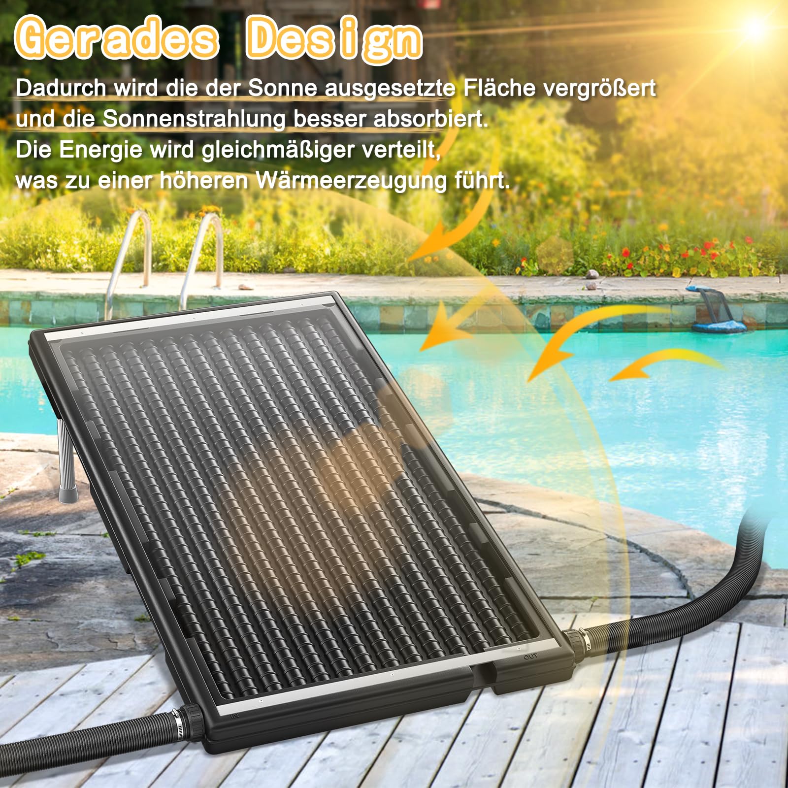 LZQ Riscaldamento solare per piscina con pannello solare, connettore per riscaldamento solare, diametro 50 mm, per acqua calda, piscina, doccia da giardino, 111,5 x 66 x 6,5 cm, nero, rettangolare, 3