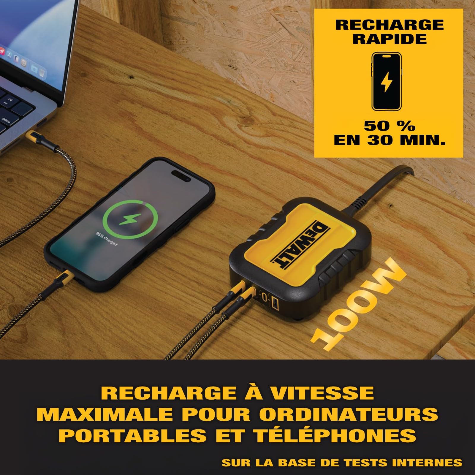 DEWALT Chargeur USB C 4 Ports 100W Haute Puissance, Station de Charge Multiport avec Répartition Intelligente, Câble EU 1,8 m, Compatible Batteries DEWALT 20V Max & FLEXVOLT, Idéal Atelier & Chantier